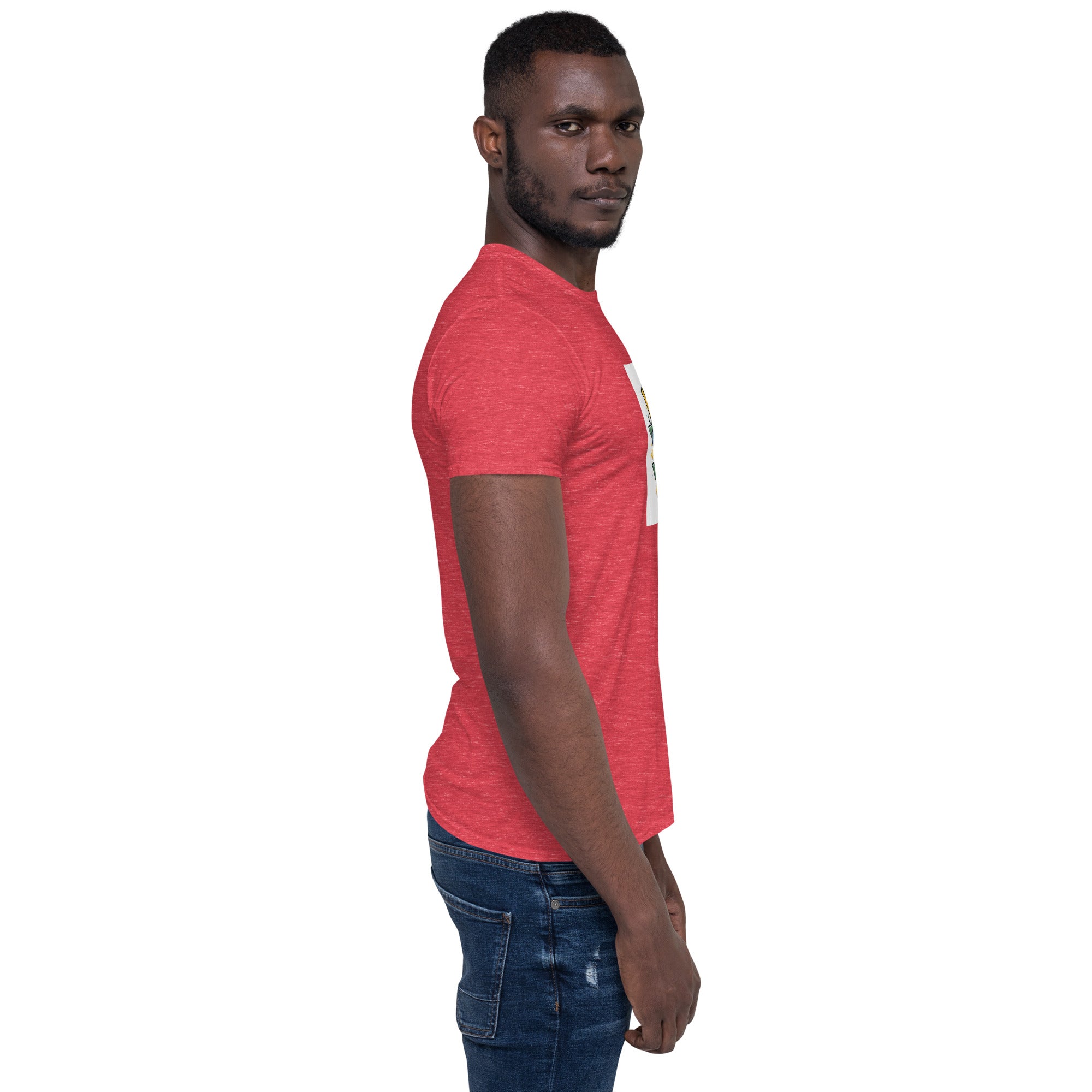 Red unisex short-sleeve T-shirt, three-quarter side view