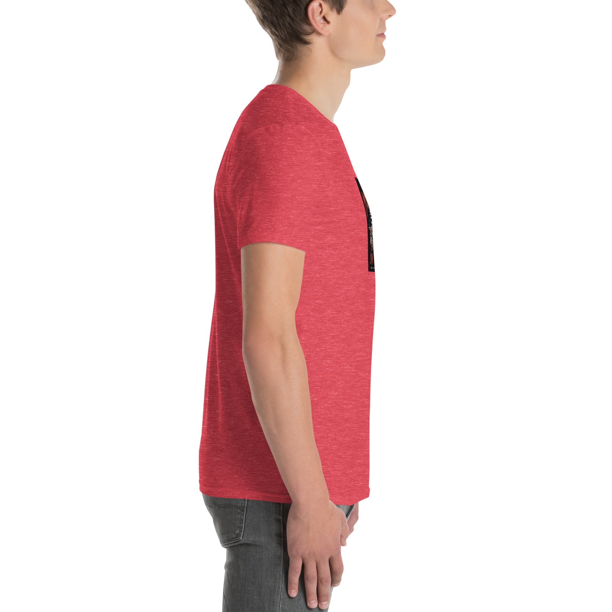 Red heather unisex short-sleeve T-shirt, side view with partial chest graphic