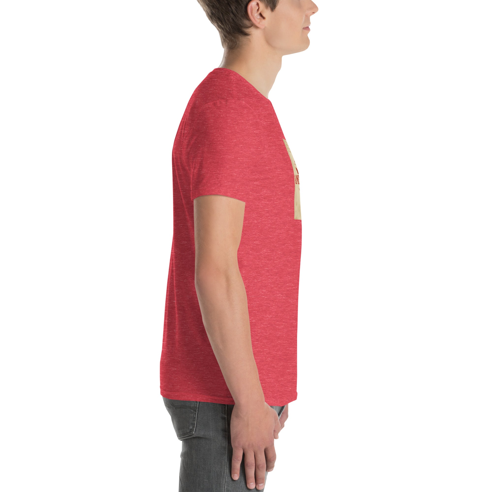 America Is A Scam T-shirt, red heather, side view, short sleeves