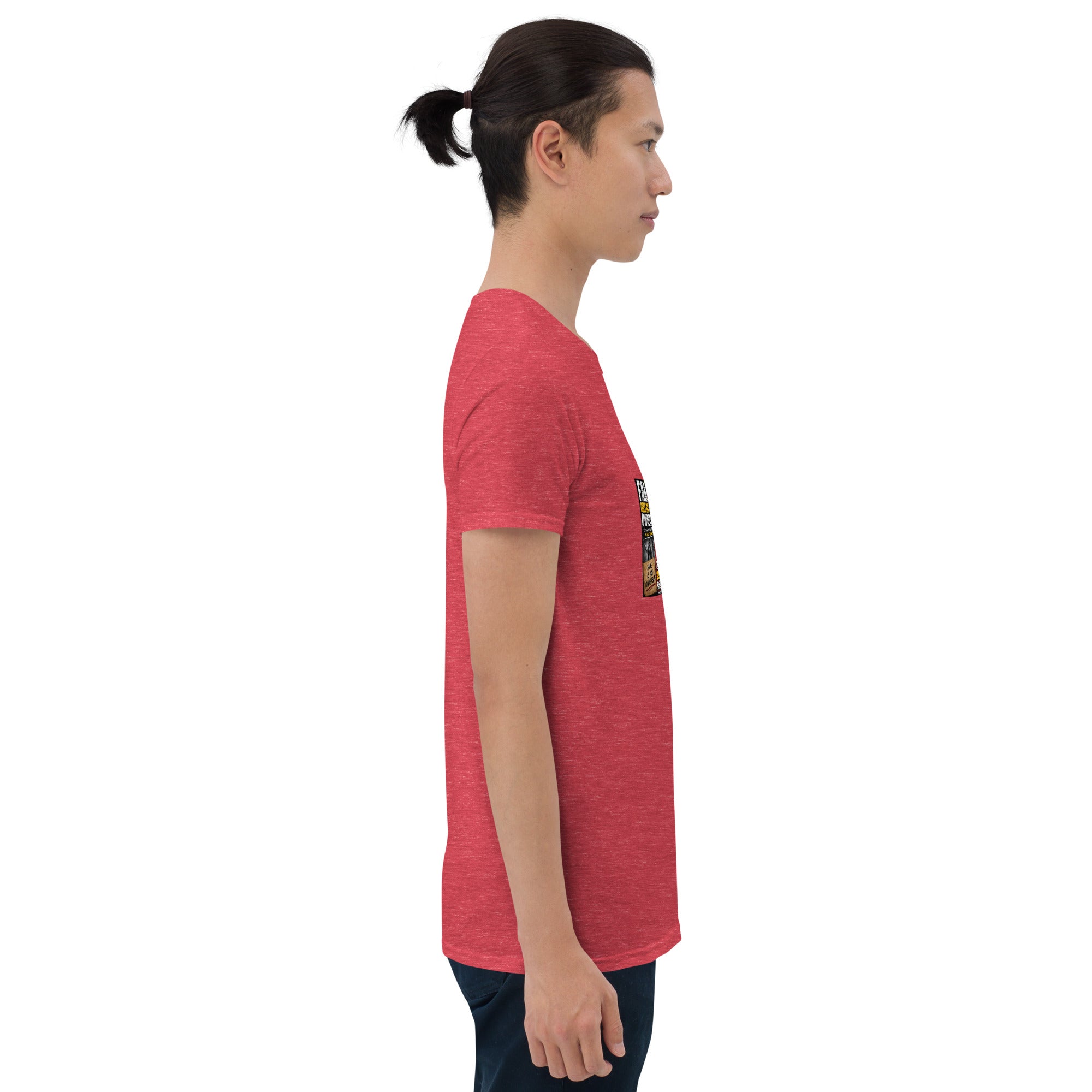 Unisex short-sleeve T-shirt, heather red, side profile; crew neck and hem