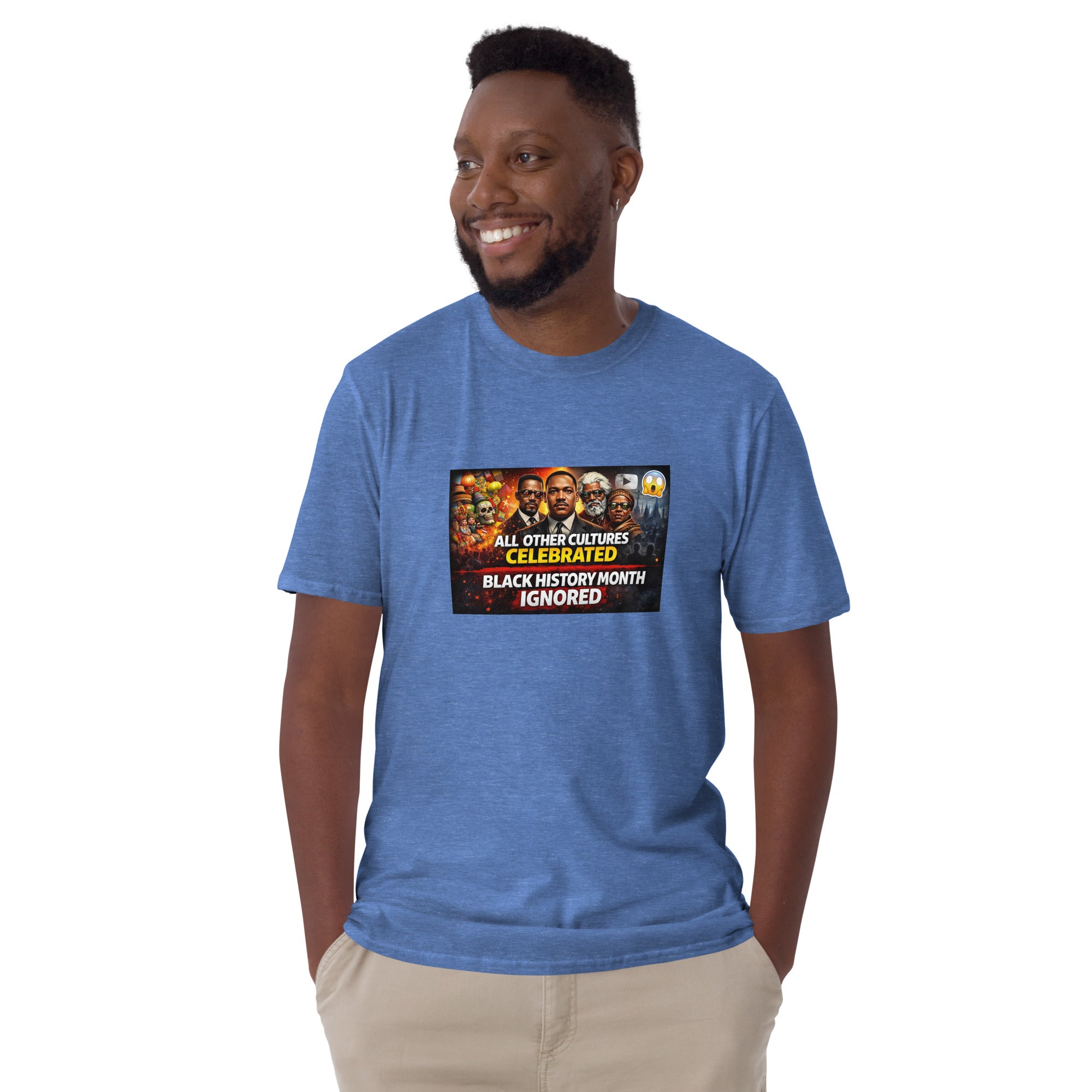 Unisex short-sleeve T-shirt in heather light blue, front graphic print