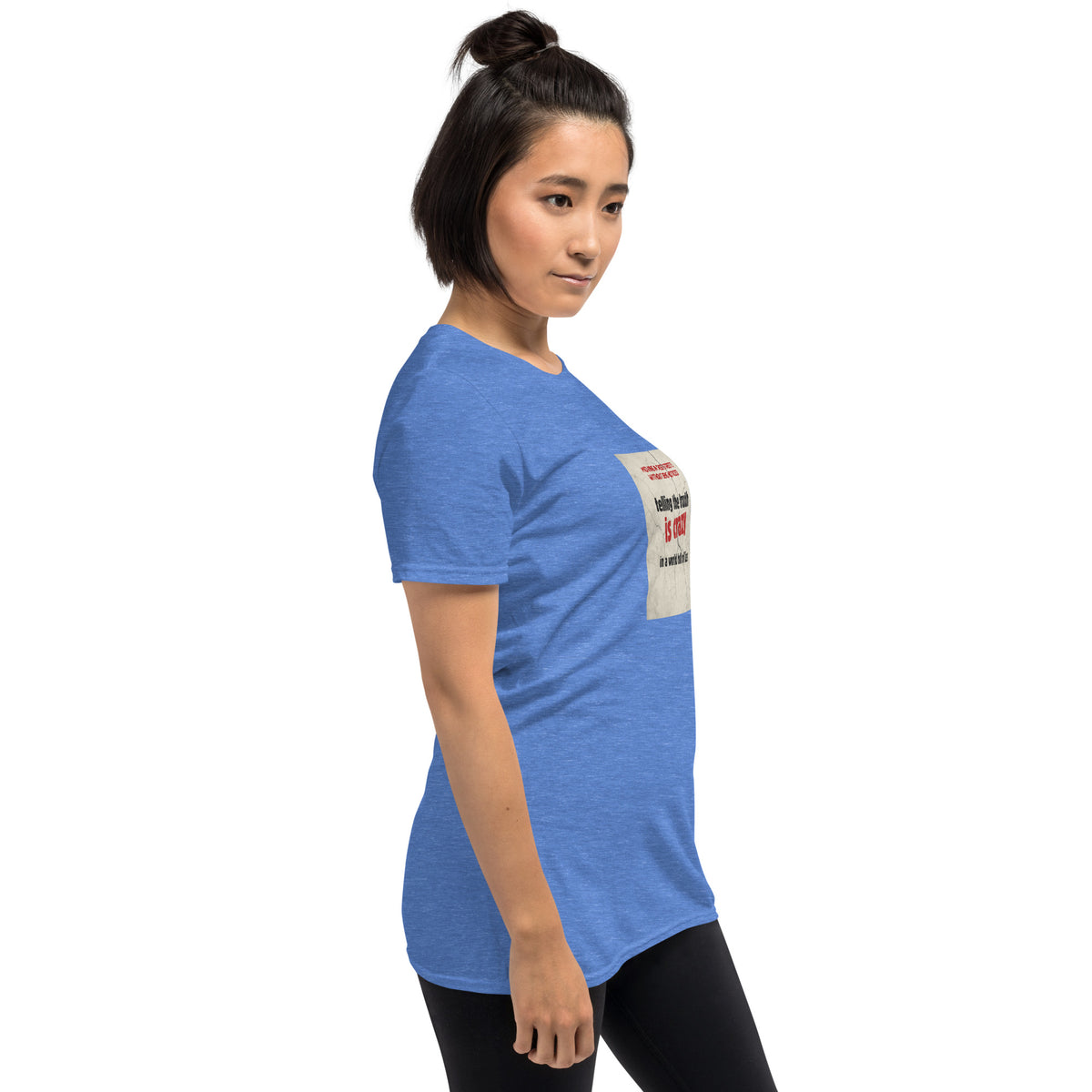 Blue unisex T-shirt, side view, crew neck and short sleeves with front graphic