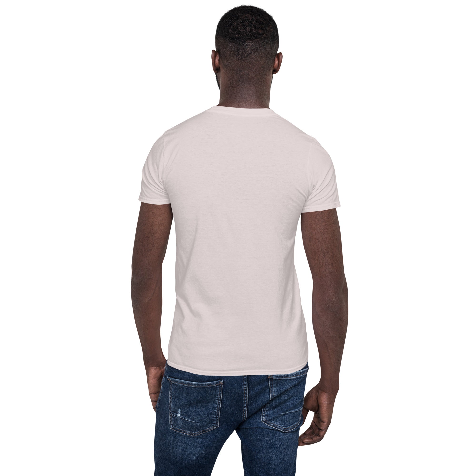 White unisex T-shirt back view, plain short-sleeve crew neck