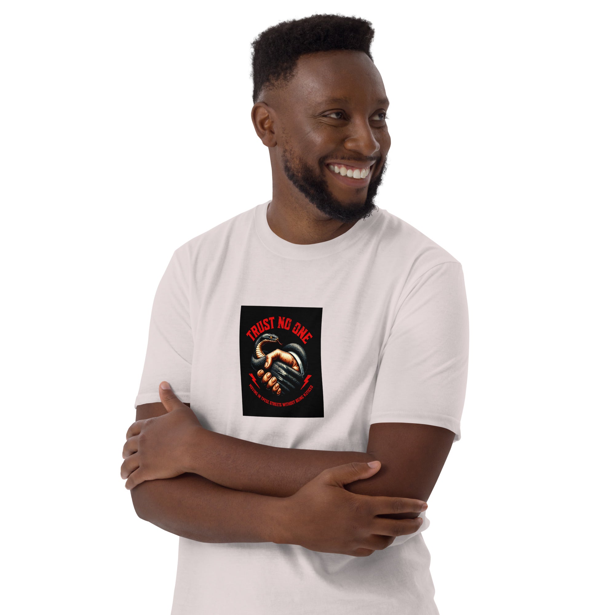 Trust No One short-sleeve unisex T-shirt in white, front square logo print