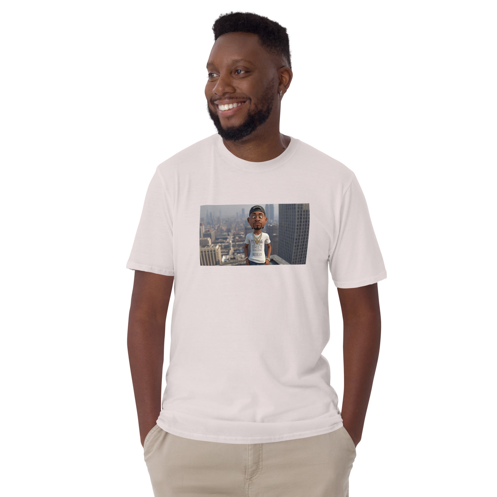 Short-sleeve unisex T-shirt, white front with photo-style graphic on chest