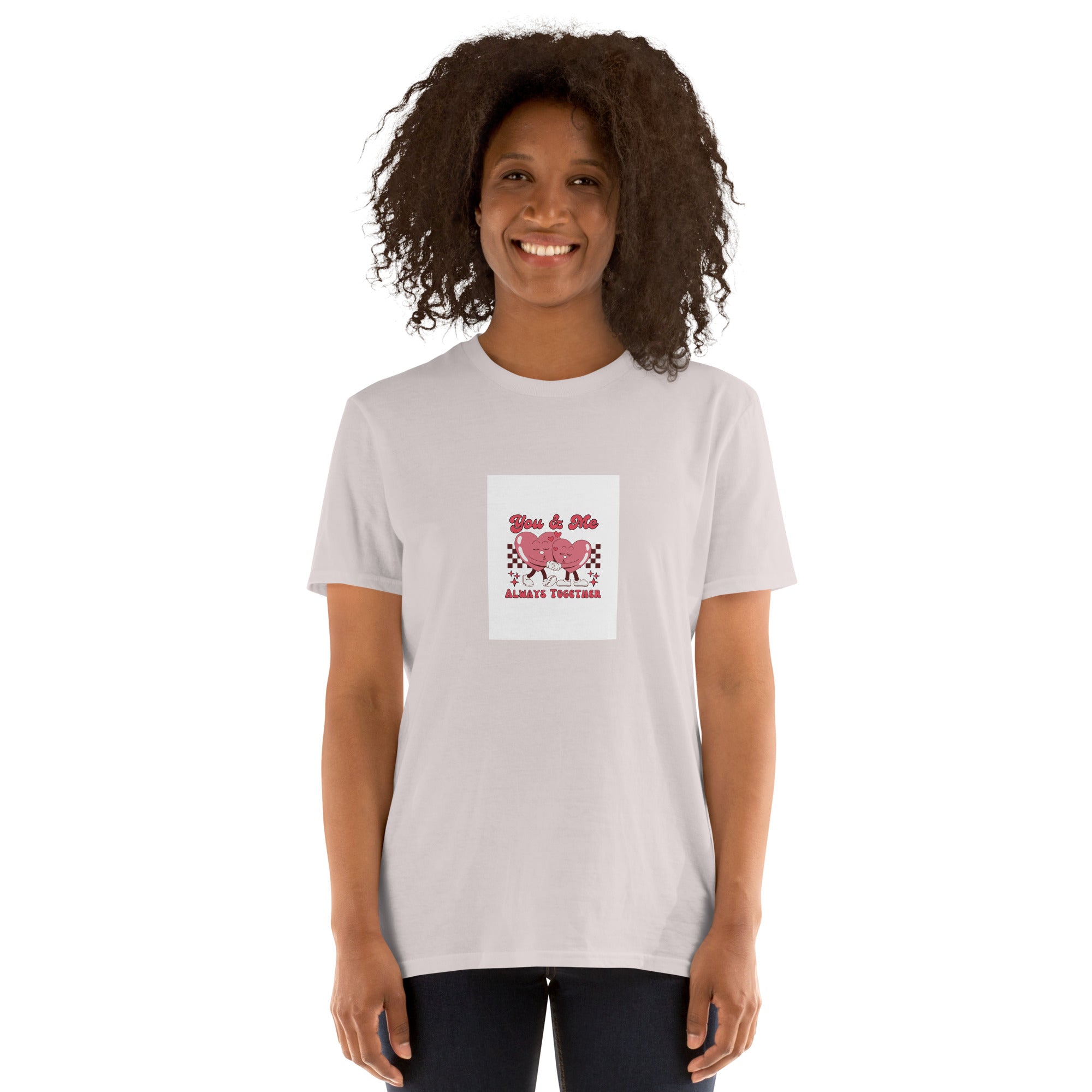 White unisex T-shirt with heart graphic on chest, crew neck