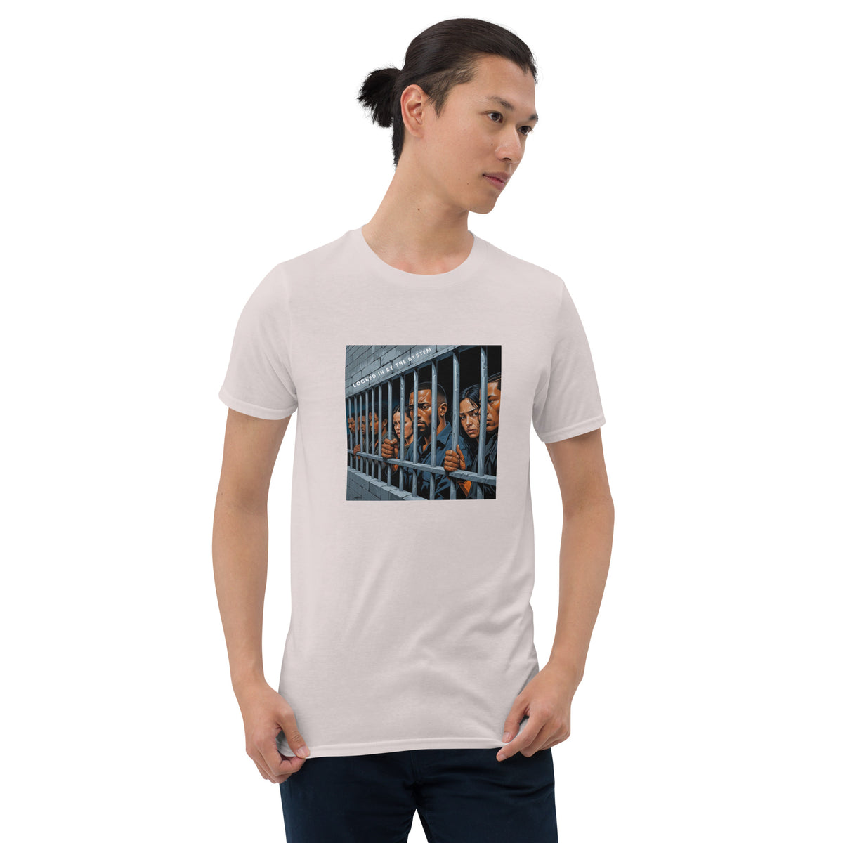 White graphic crew-neck tee with rectangular jail-bar style print on the chest