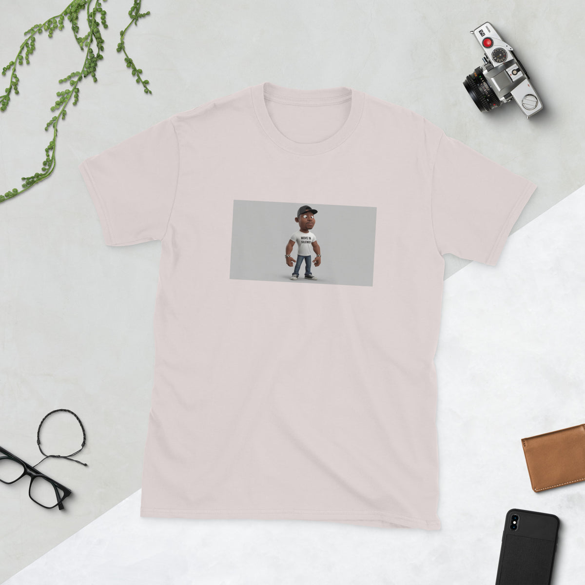 Light pink unisex graphic T-shirt with rectangular portrait print on front