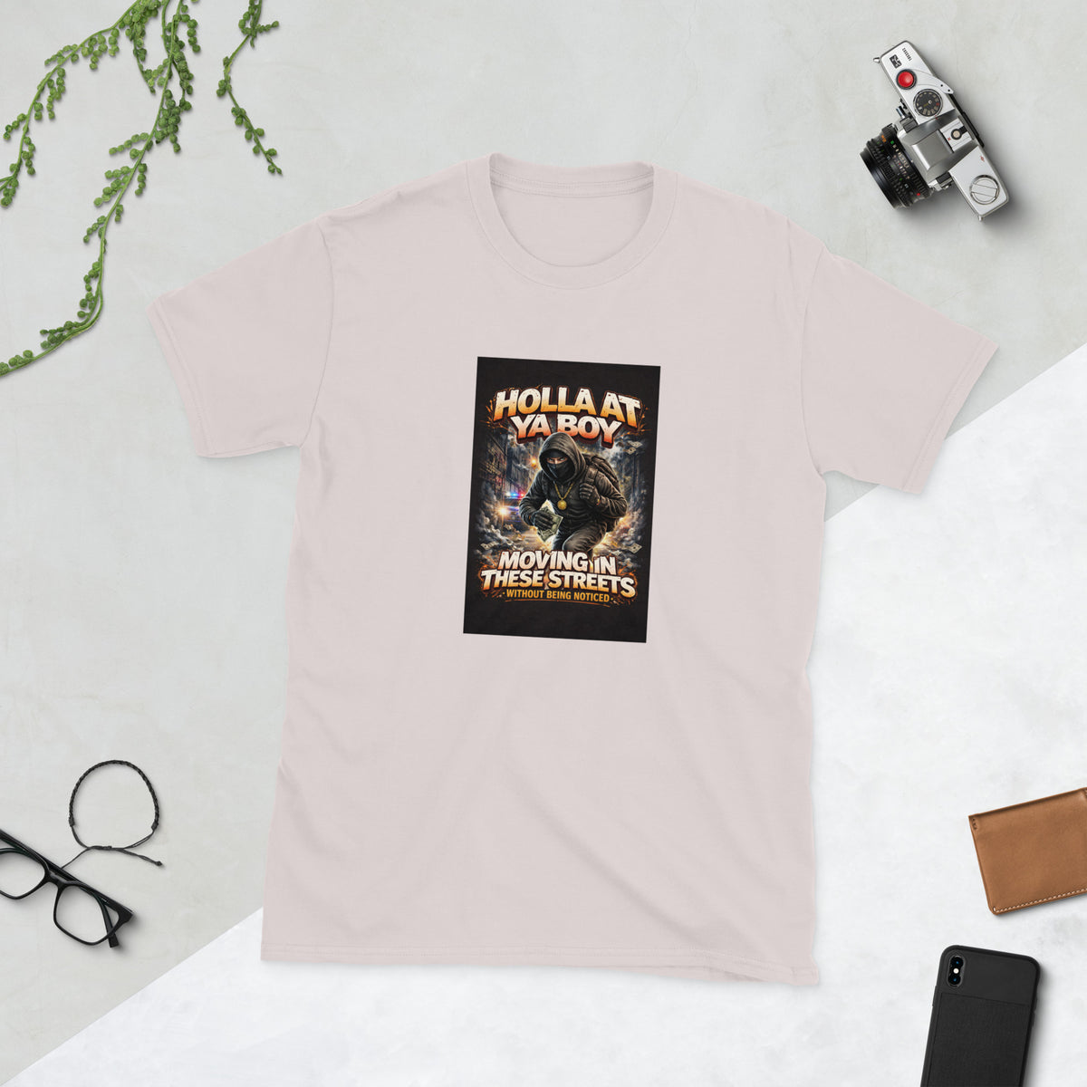 Light pink graphic streetwear tee with front square cat print