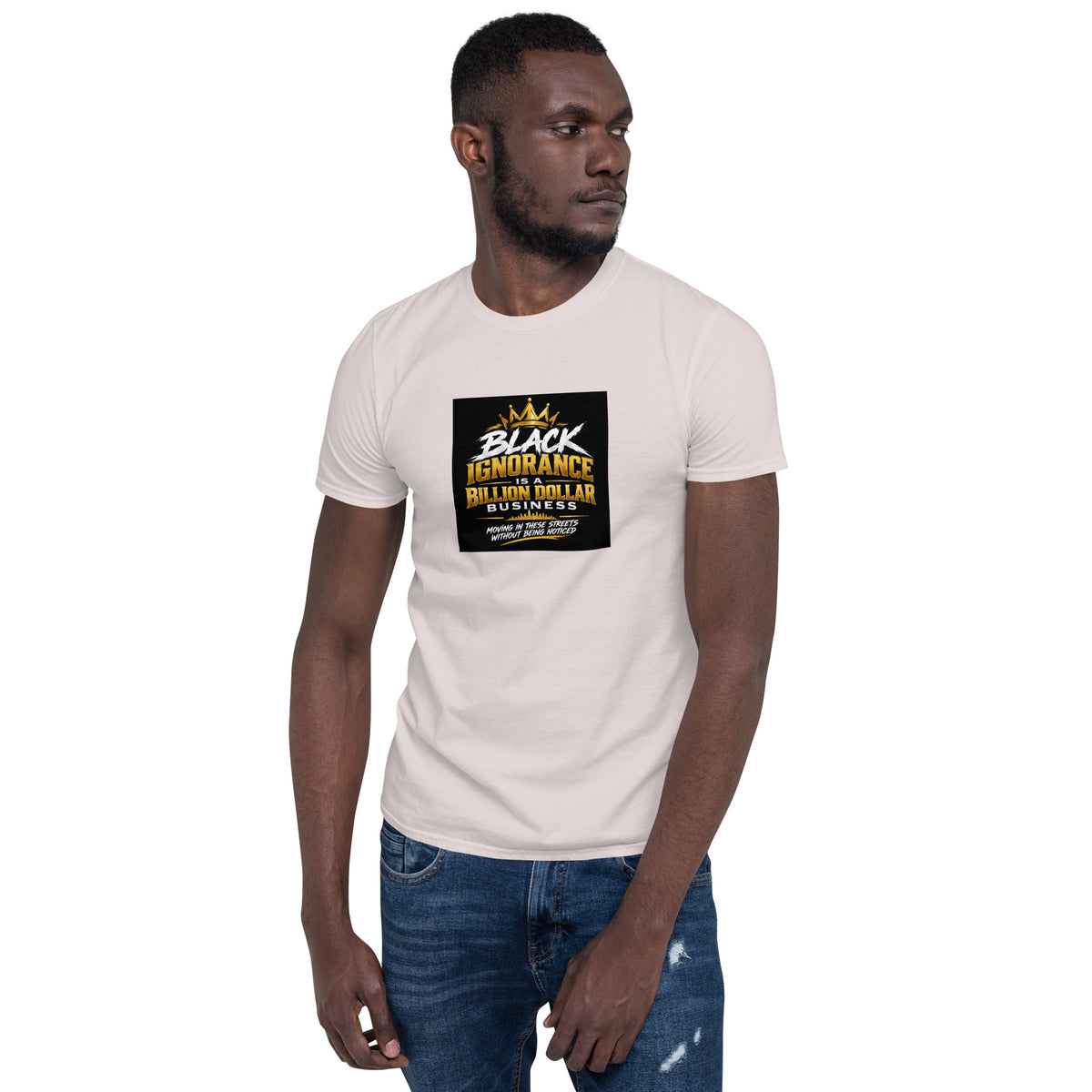 Cream unisex short-sleeve T-shirt with black-and-yellow chest graphic.