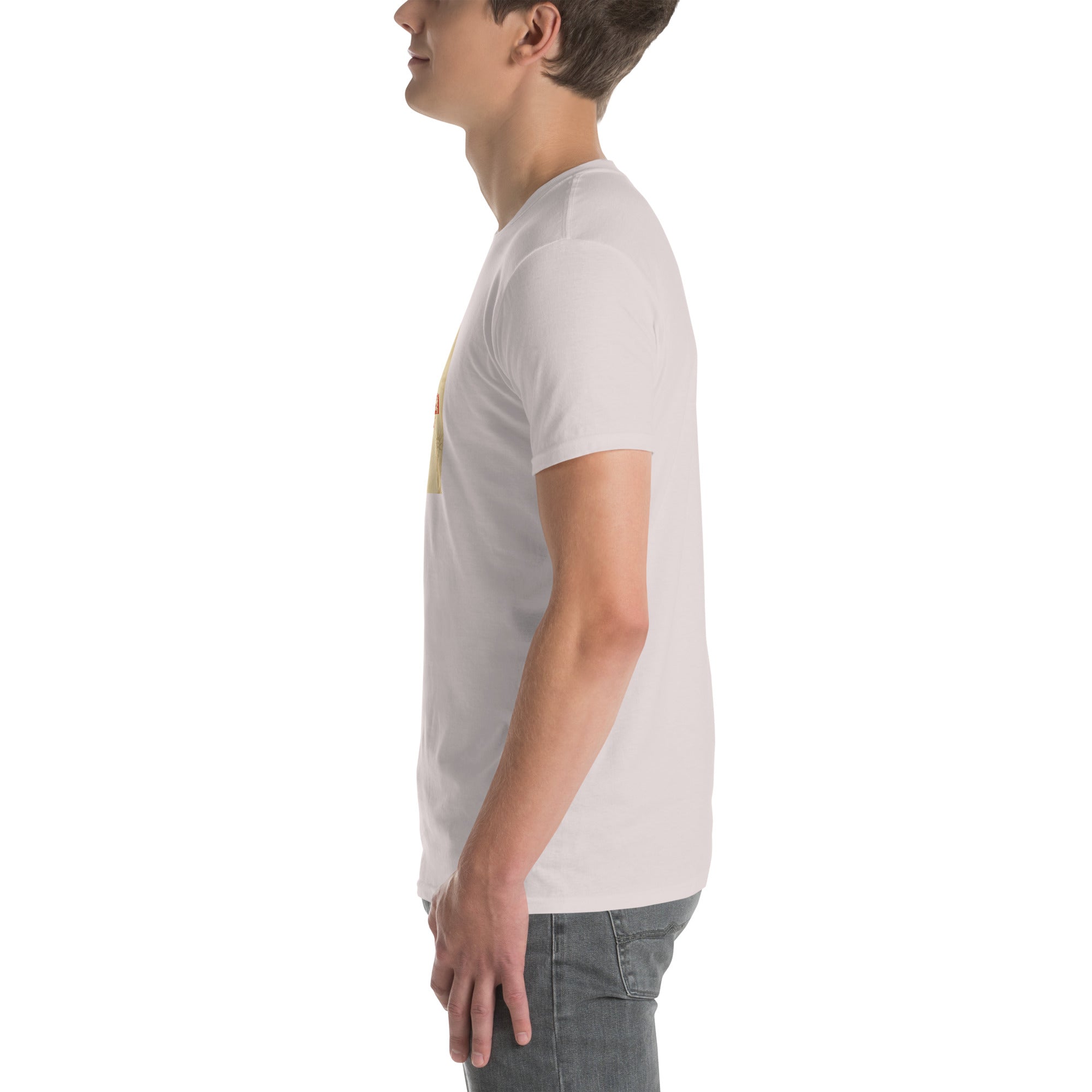 White unisex T-shirt profile view, crew neck and short sleeves with chest print.