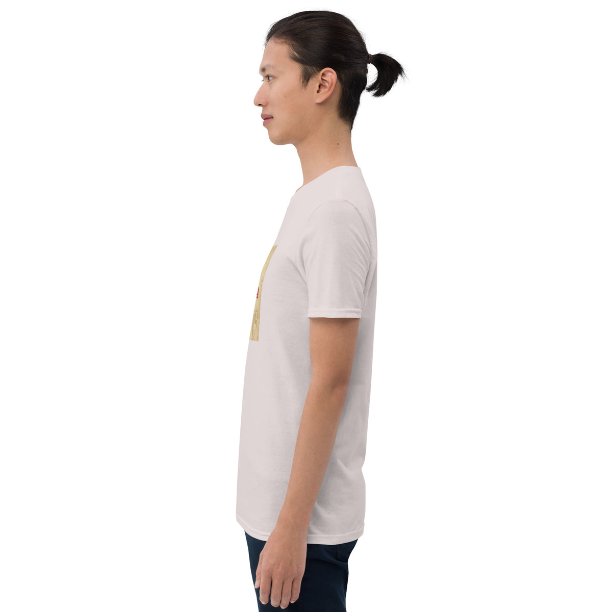 Unisex graphic tee, light heather color, side profile with small square front print