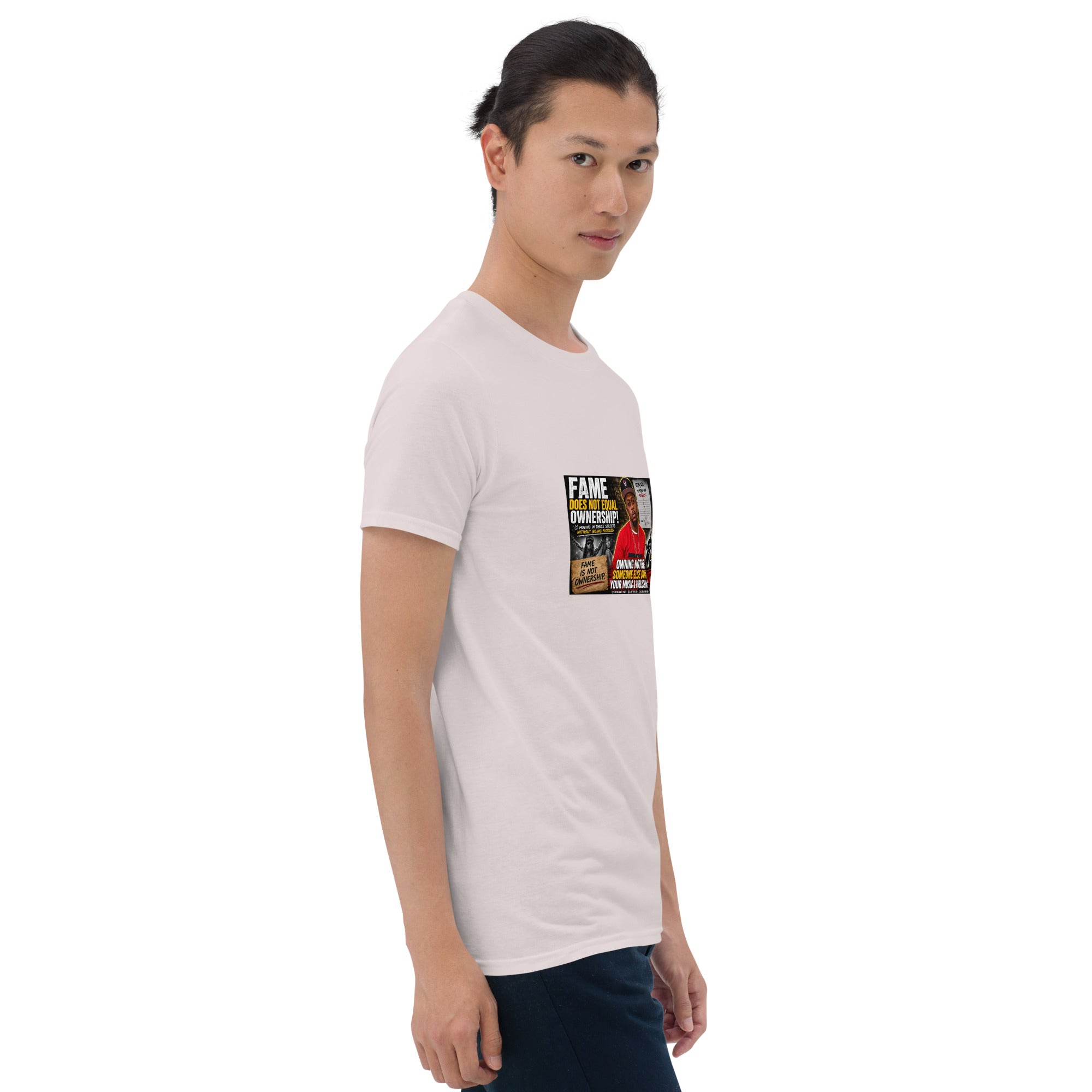 Unisex short-sleeve t-shirt, light gray, front view with colorful chest graphic print