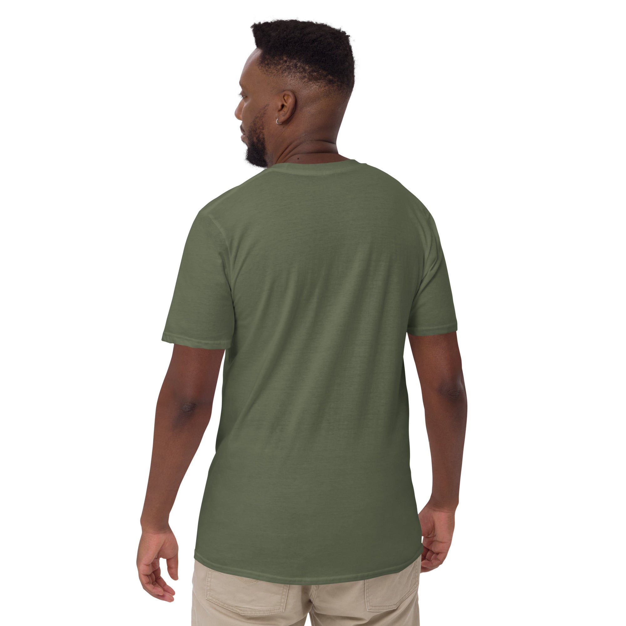 Unisex short-sleeve T-shirt, back view in military green