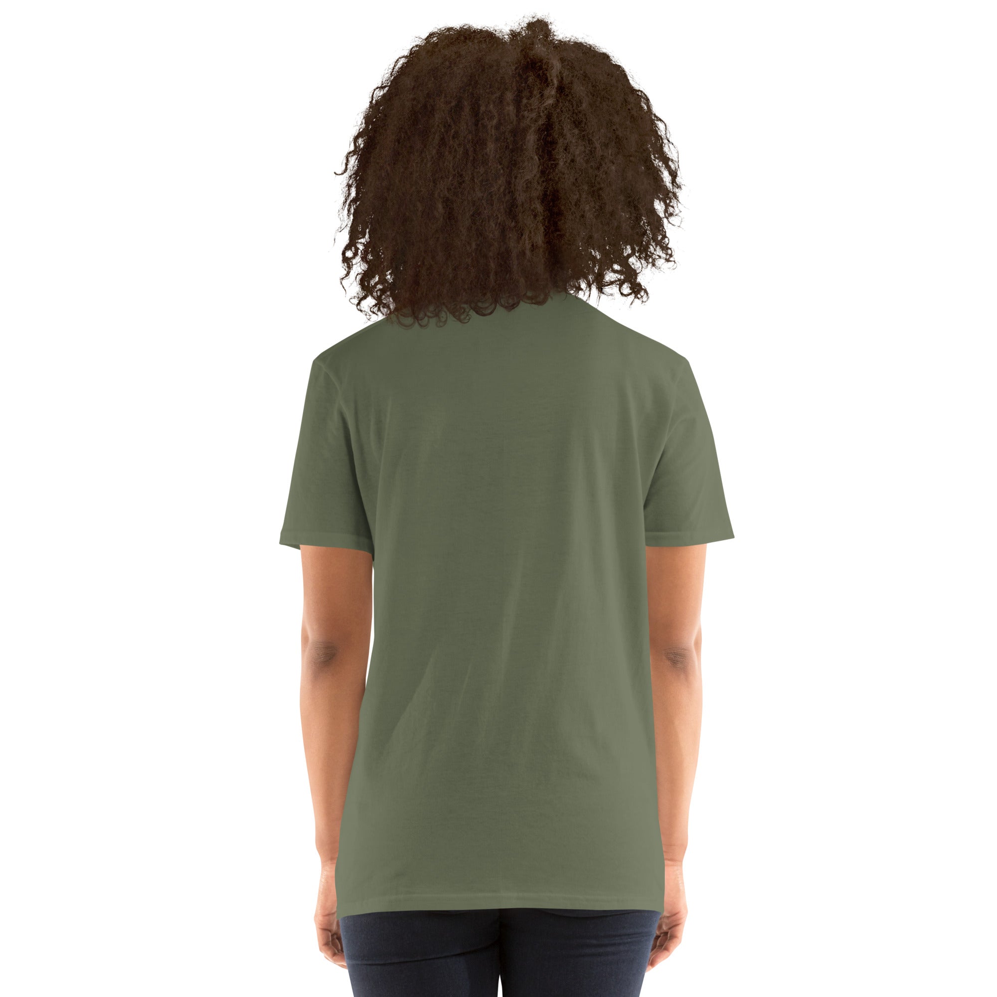 Military green T-shirt back view, crew neck, short sleeves