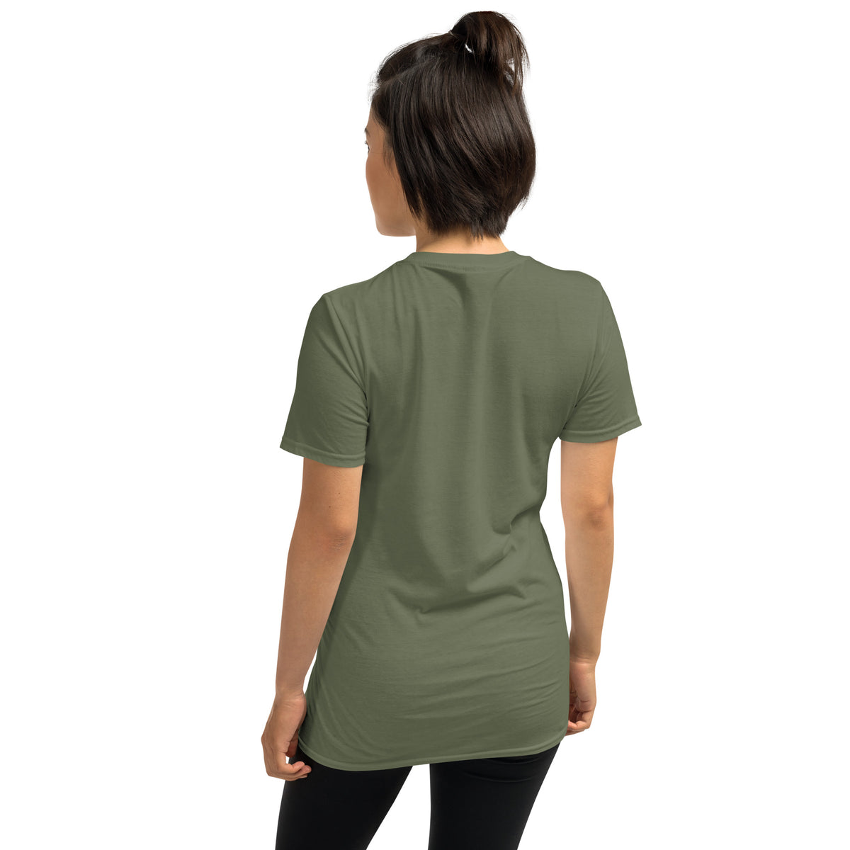 Olive green unisex T-shirt back view, plain fabric, crew neck, short sleeves