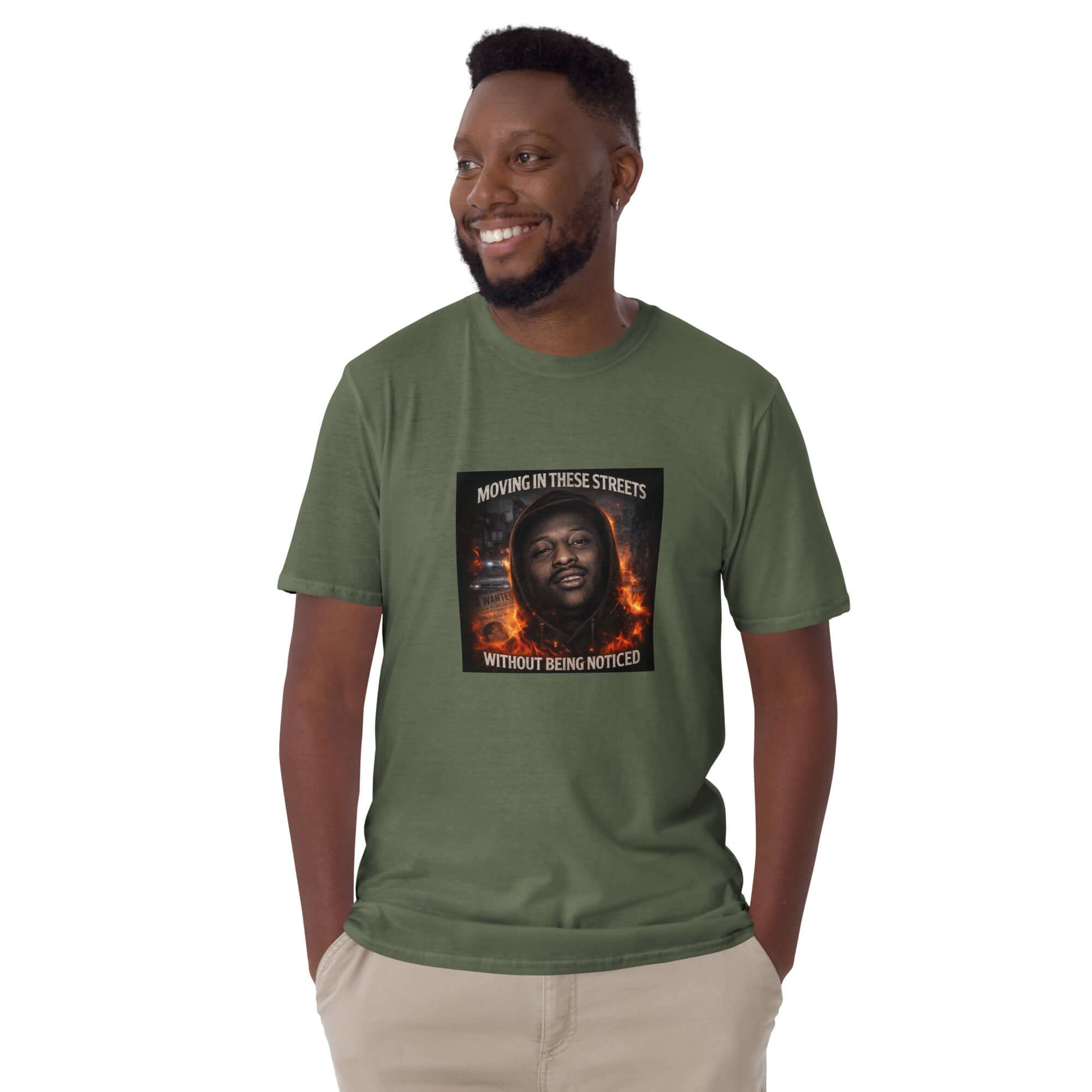 Olive/military green unisex T-shirt with front graphic print and crew neck
