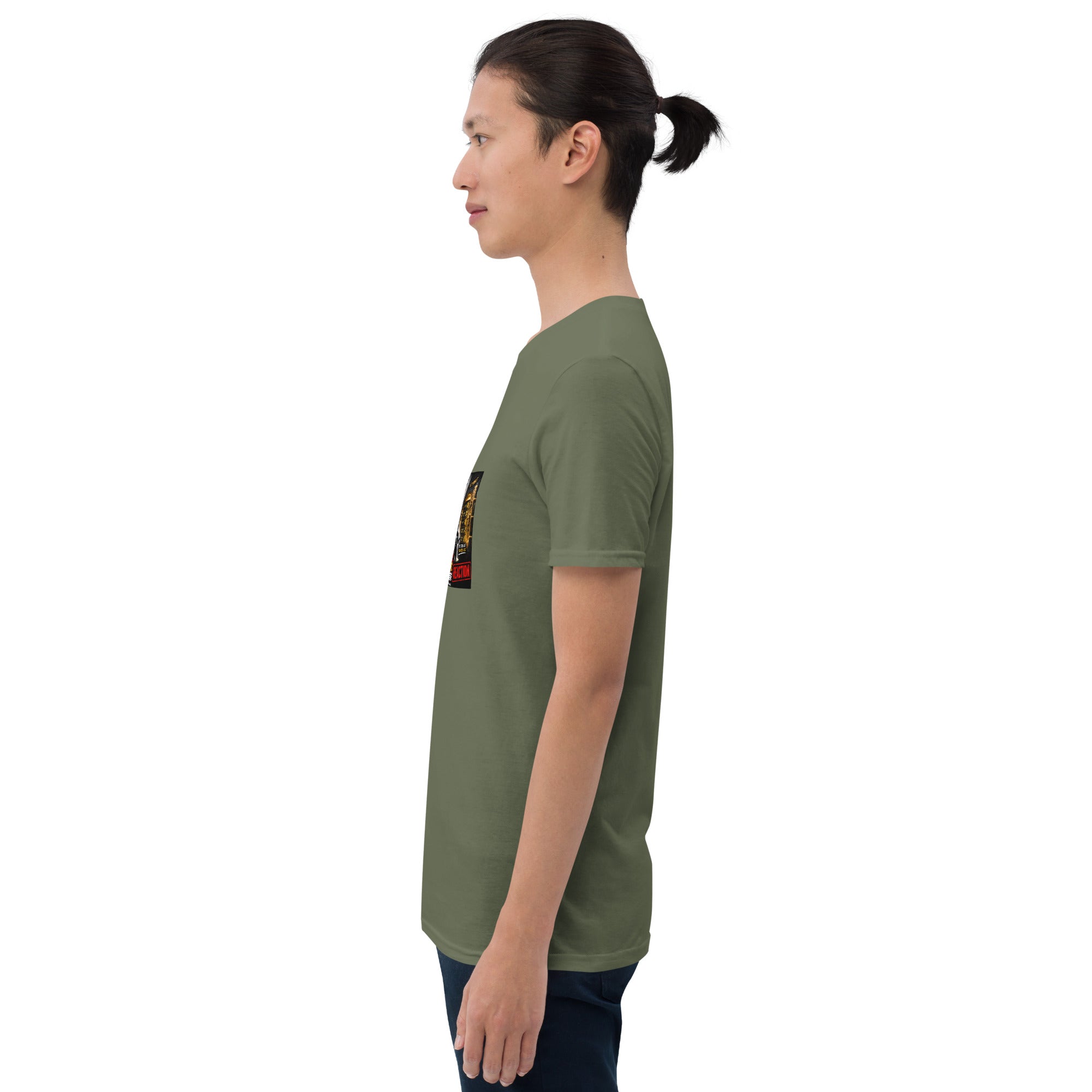 Unisex short-sleeve T-shirt, olive green, side view with graphic detail