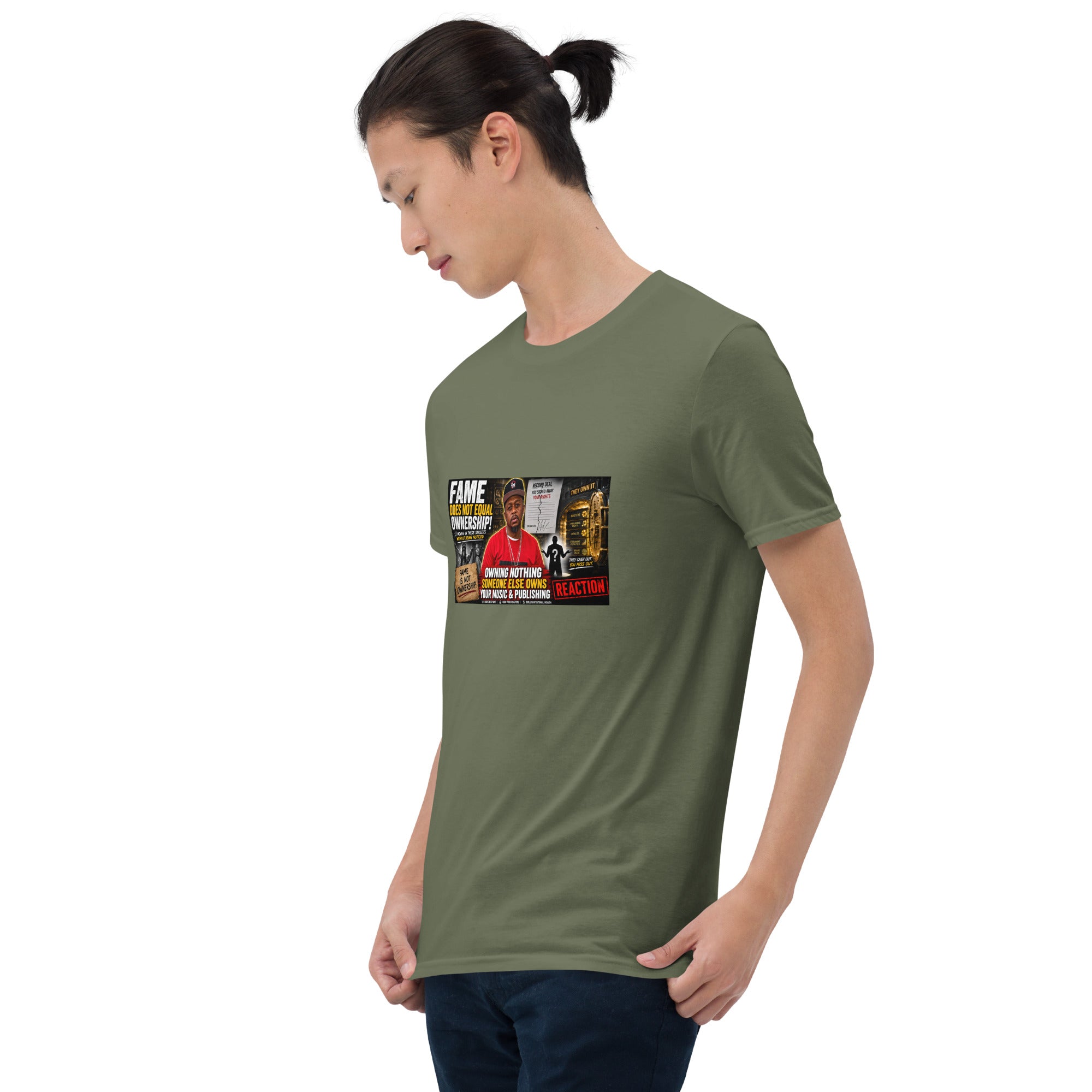 Unisex short-sleeve T-shirt, olive green, front chest graphic print