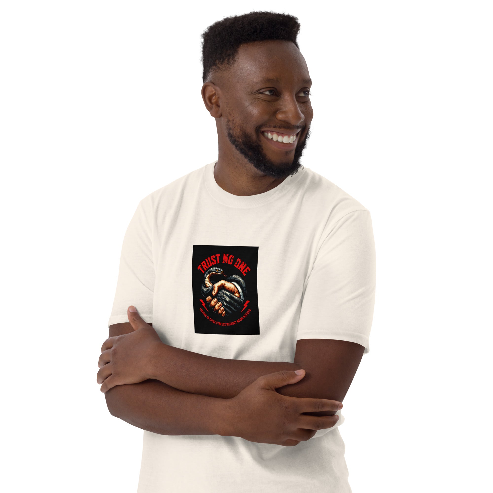 Trust No One short-sleeve unisex T-shirt in white, crew neck front logo