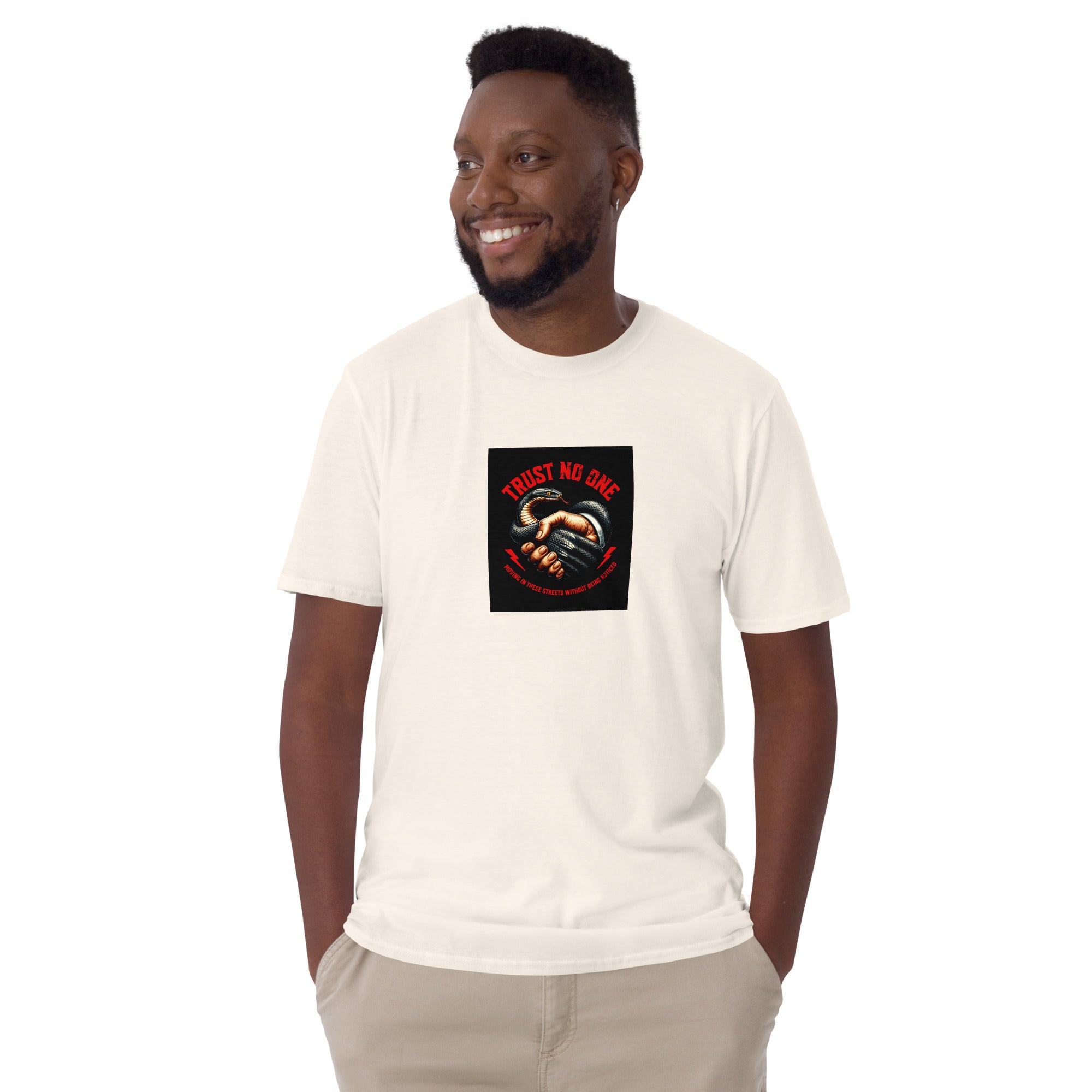 Trust No One short-sleeve unisex T-shirt in white, centered front graphic print
