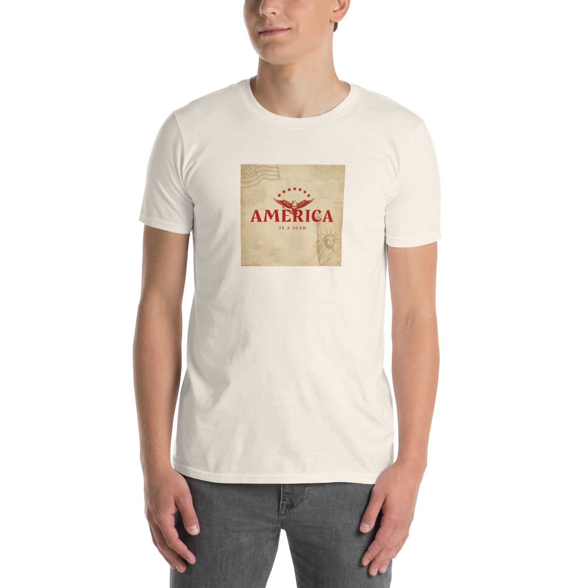 White unisex T-shirt front view with square vintage-style “AMERICA IS A SCAM” print.