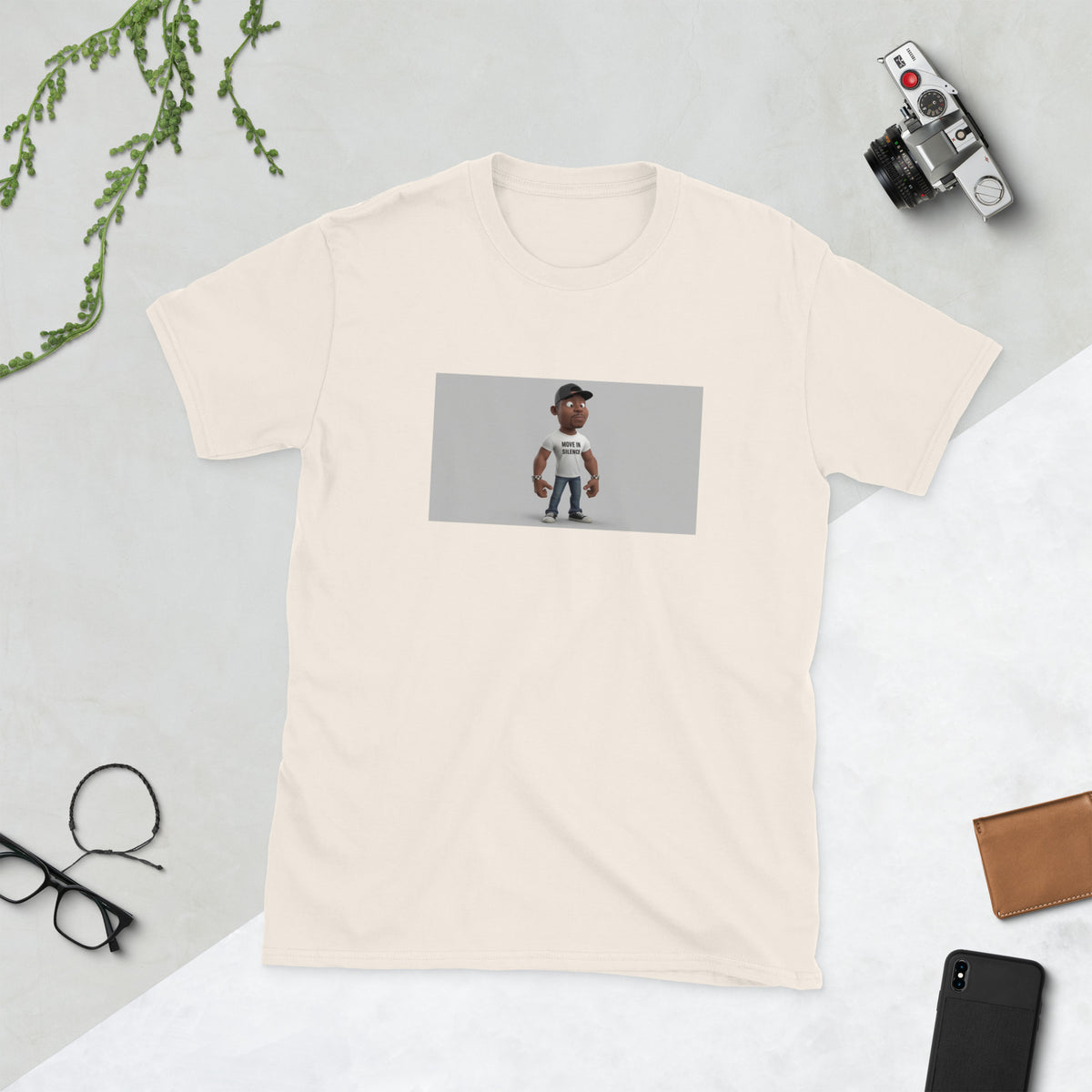 Natural unisex graphic T-shirt with rectangular portrait print on front