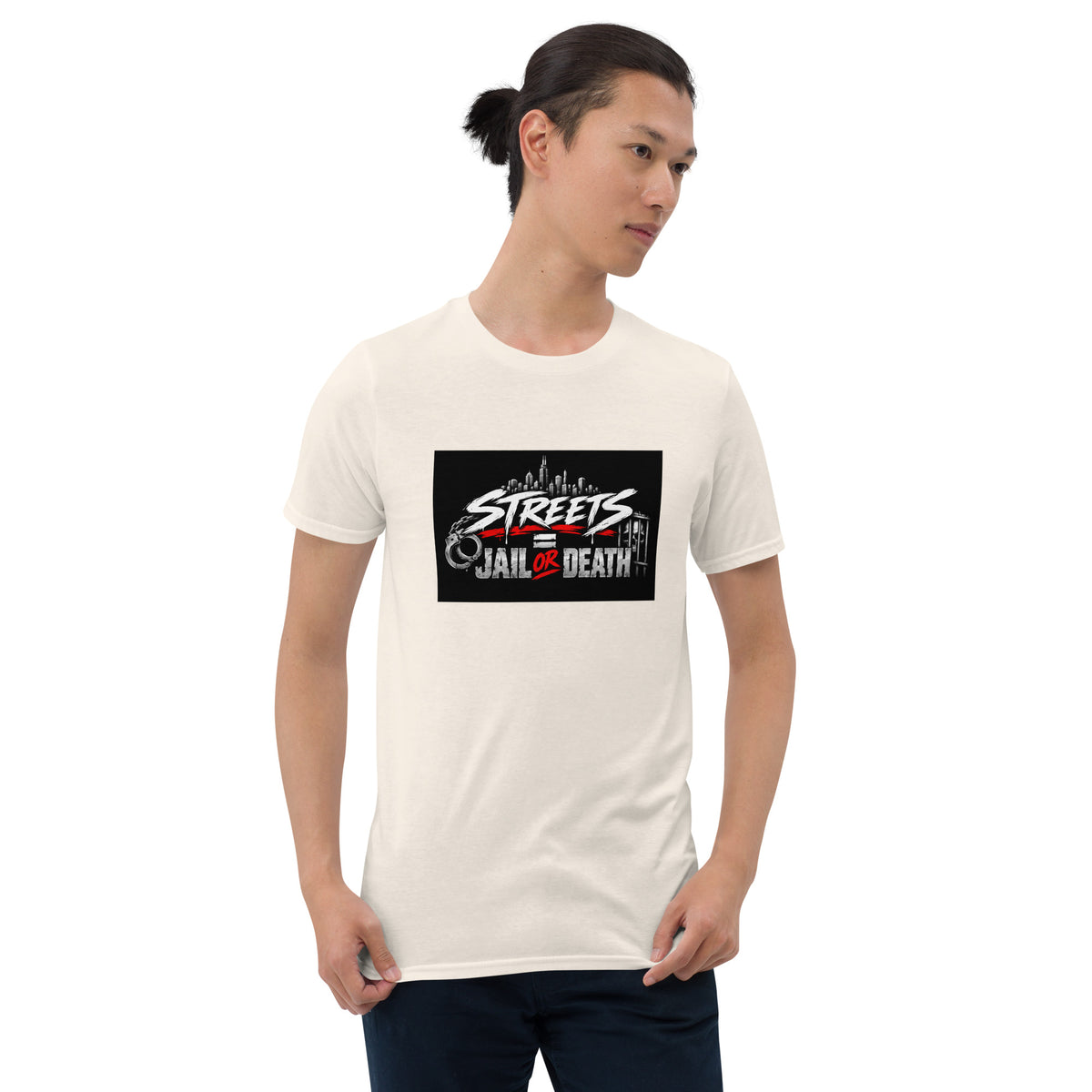White unisex graphic T-shirt front view with black rectangle logo text