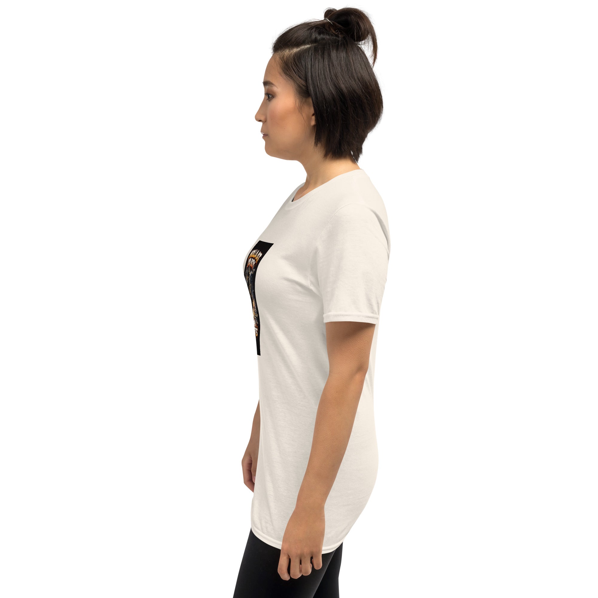 White unisex T-shirt side view, short sleeves and crew neckline