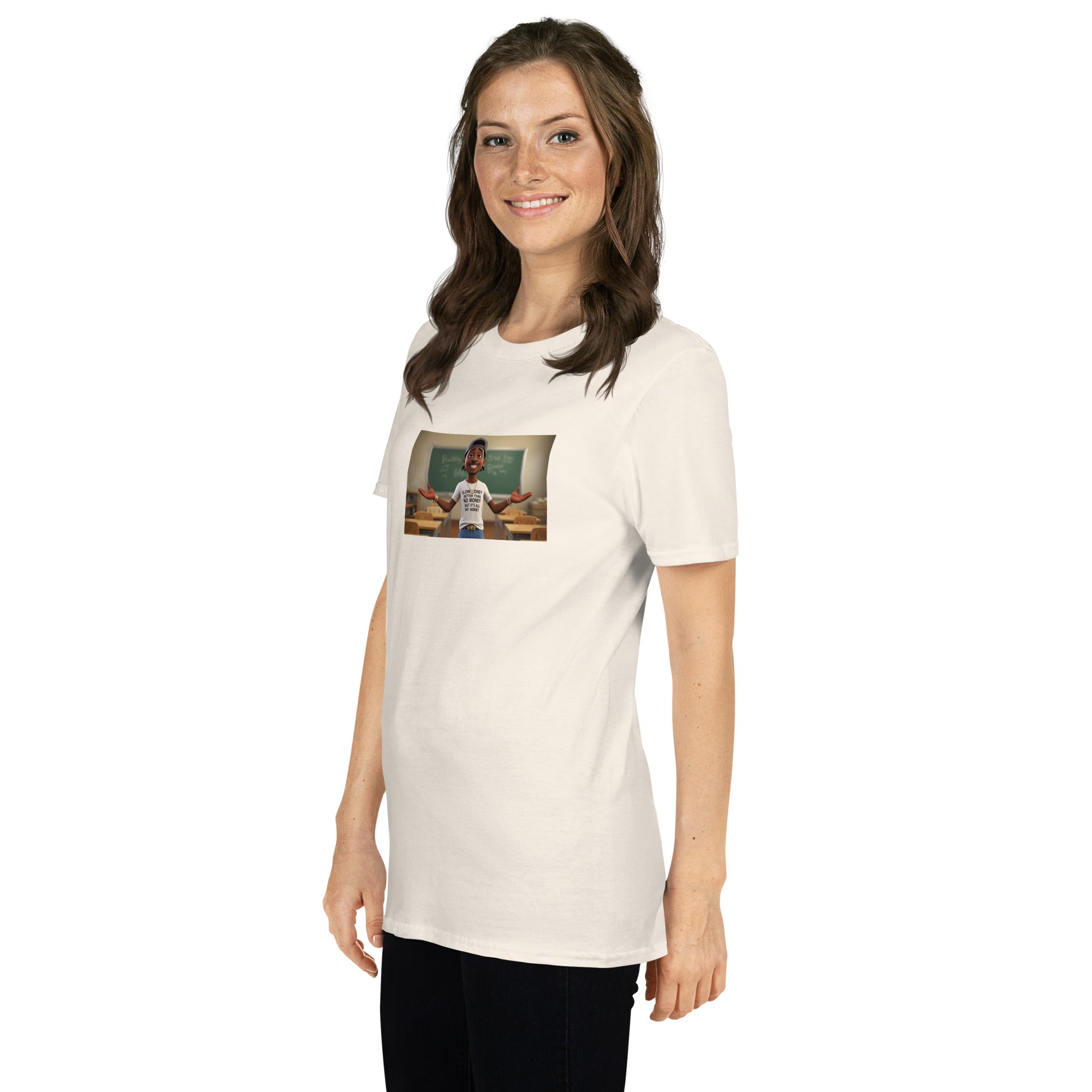 White unisex T-shirt with centered graphic on chest; crew neck, short sleeves