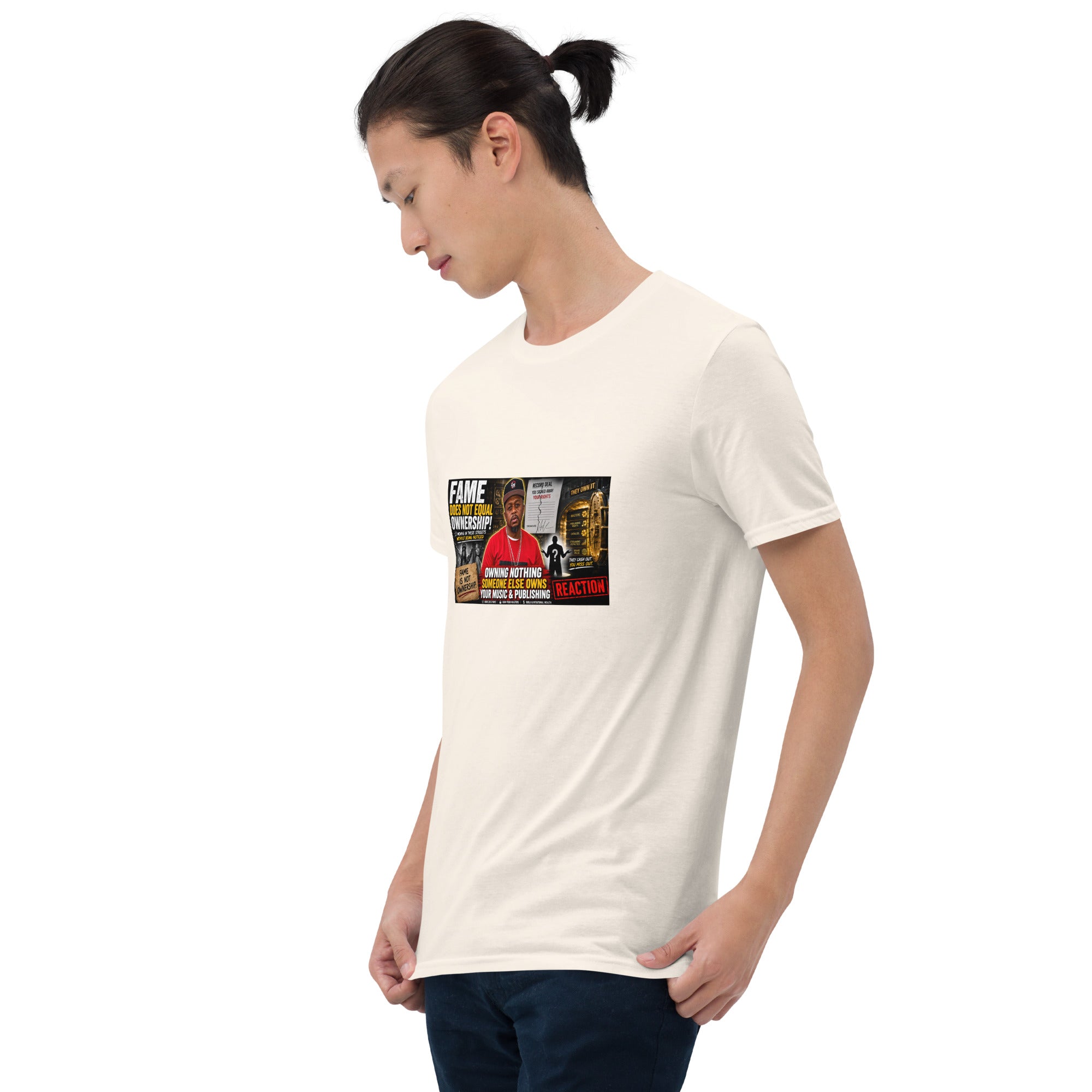 White unisex short-sleeve T-shirt with colorful rectangular chest graphic and crew neck