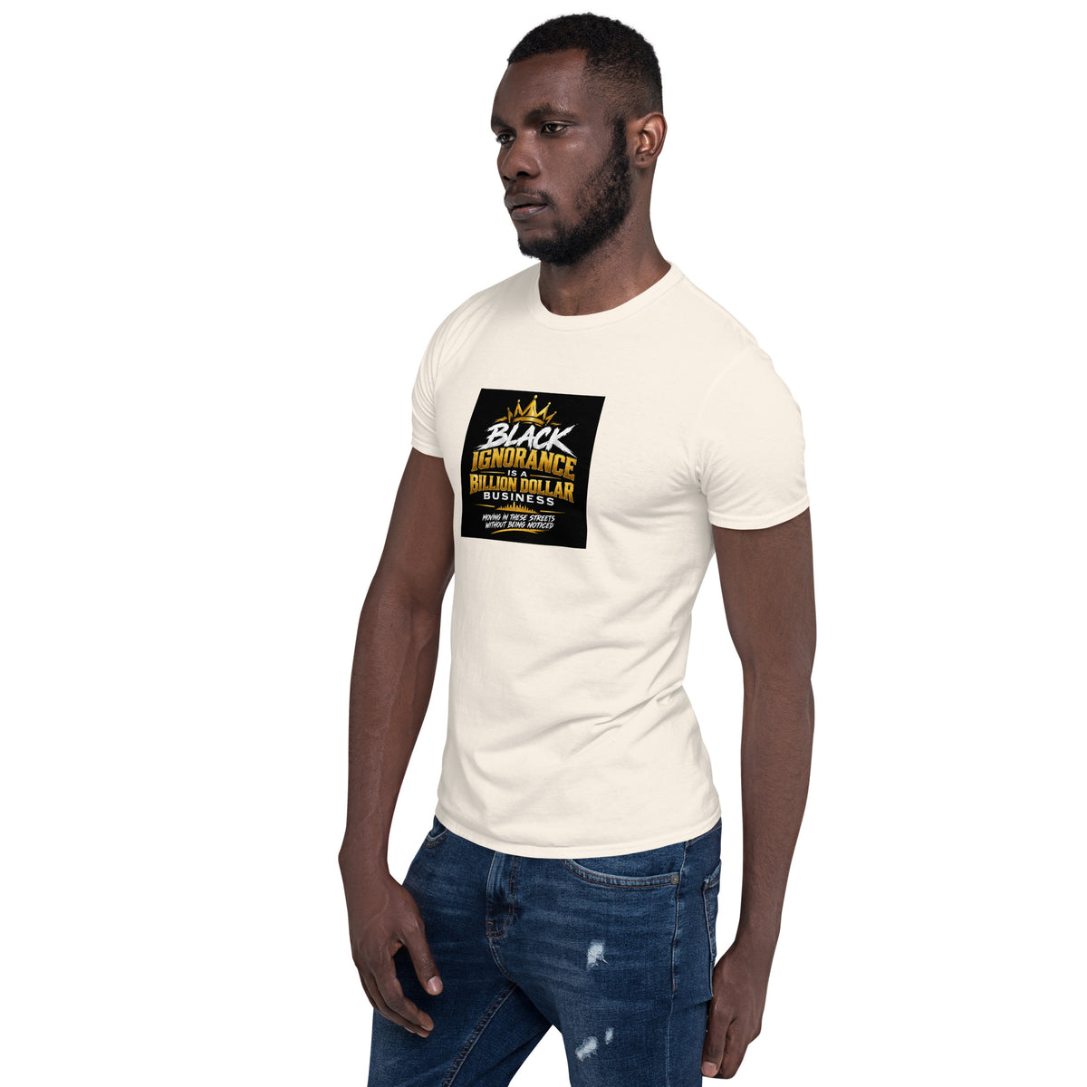 White unisex short-sleeve T-shirt with black square front graphic print