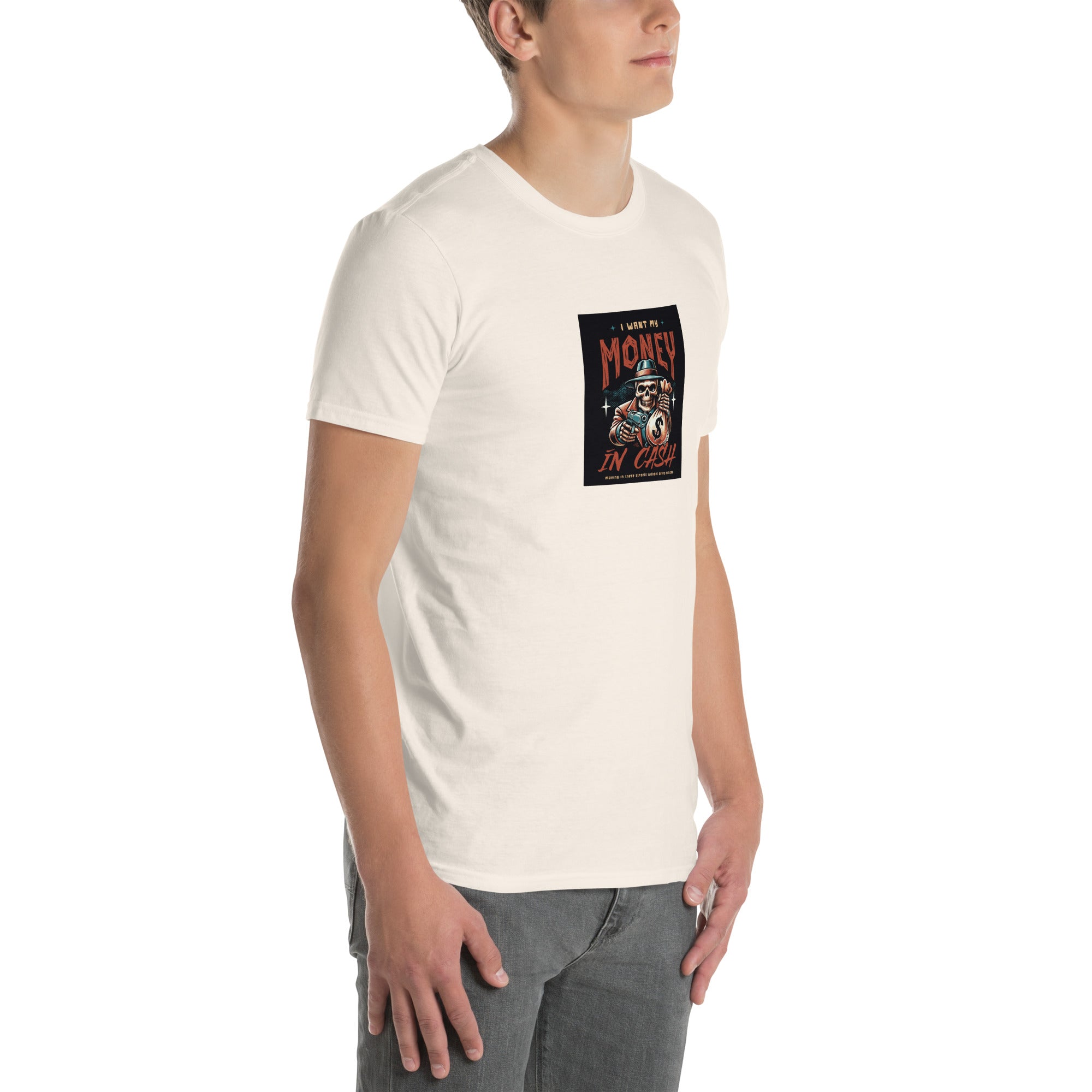 White unisex T-shirt with front square graphic reading “MONEY IN CASH”