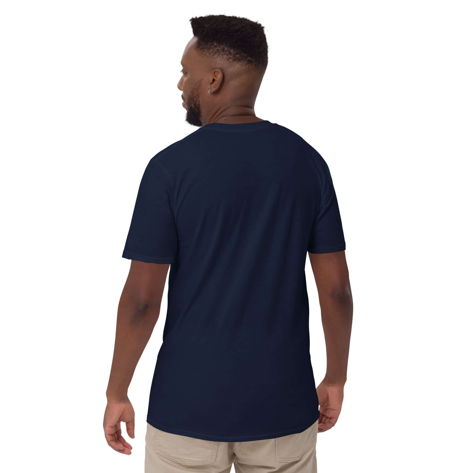 Navy unisex T-shirt from the back, plain back view with crew neck