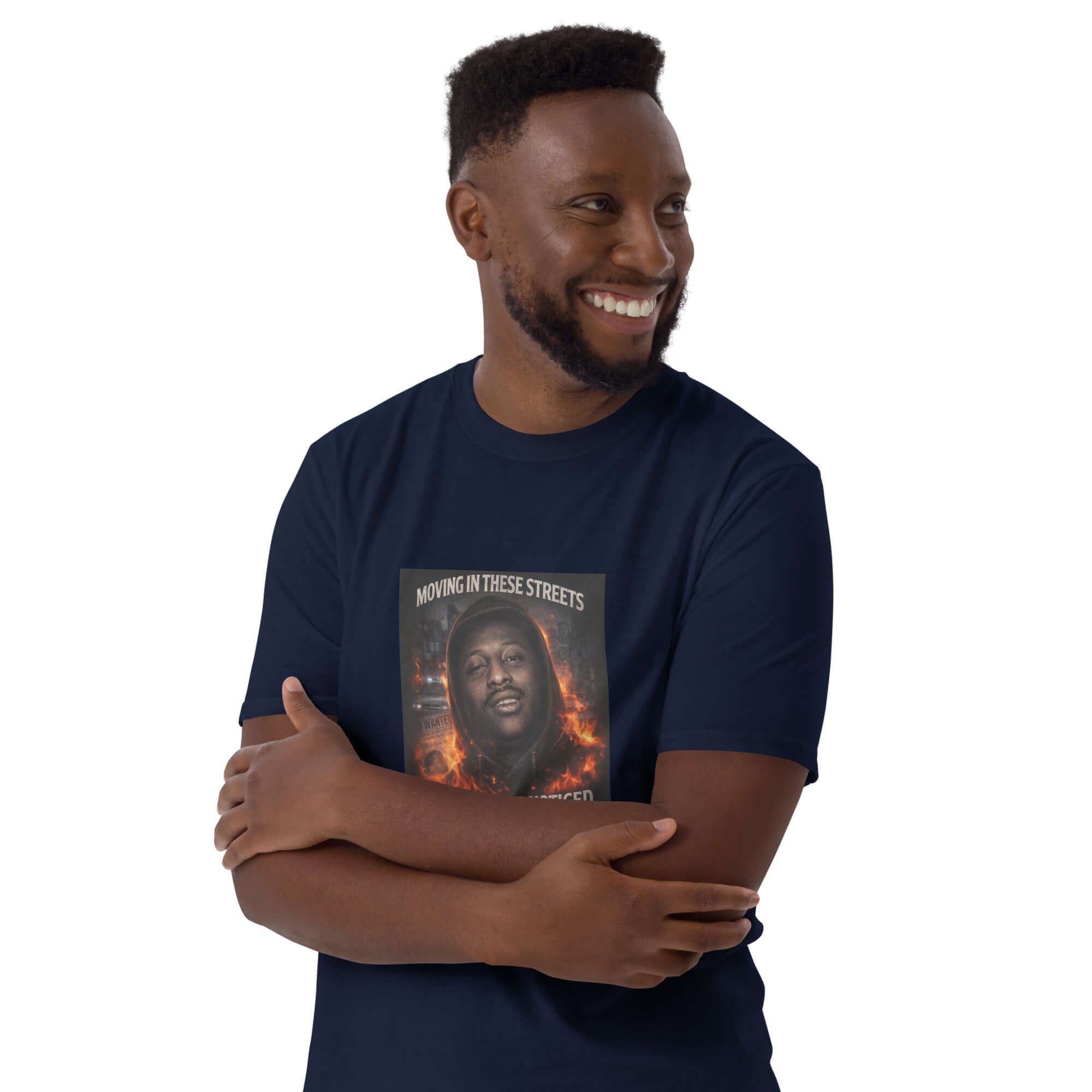 Navy unisex T-shirt with front graphic, arms crossed pose