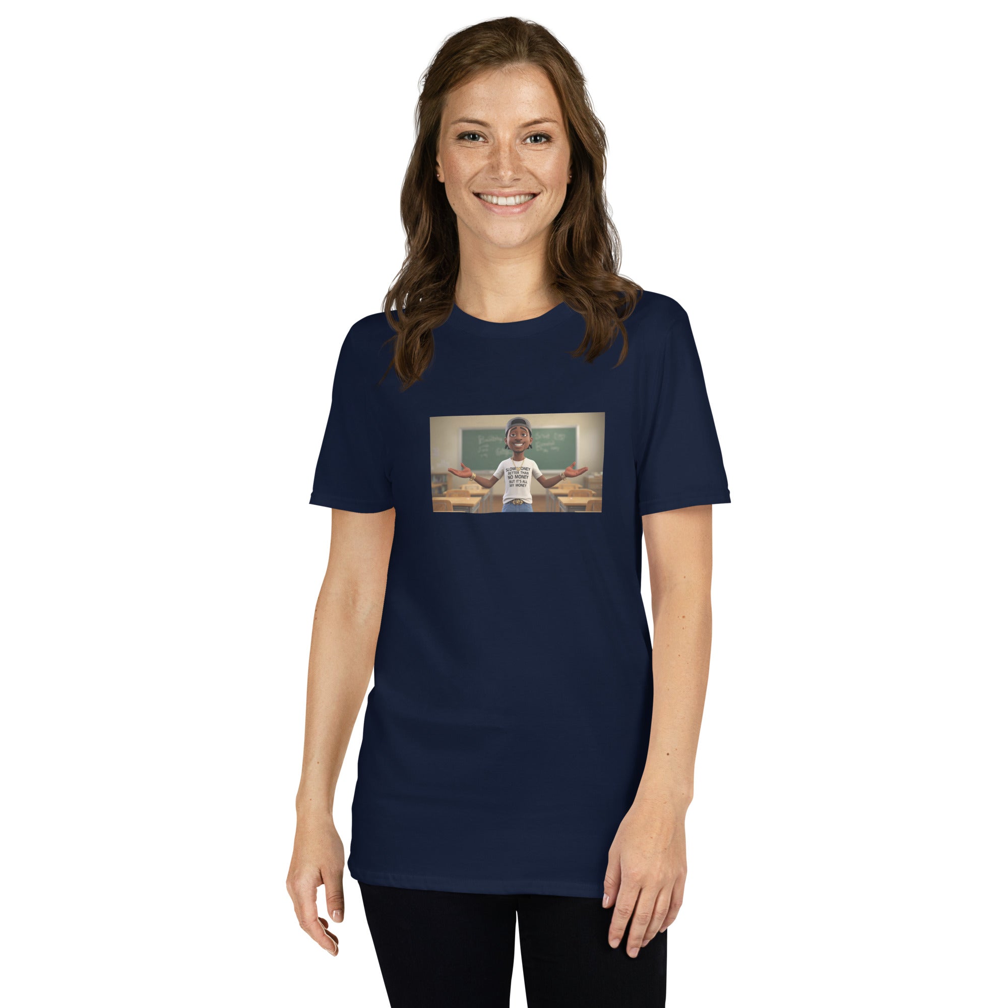 Navy unisex T-shirt with front graphic, short sleeves, crew neckline