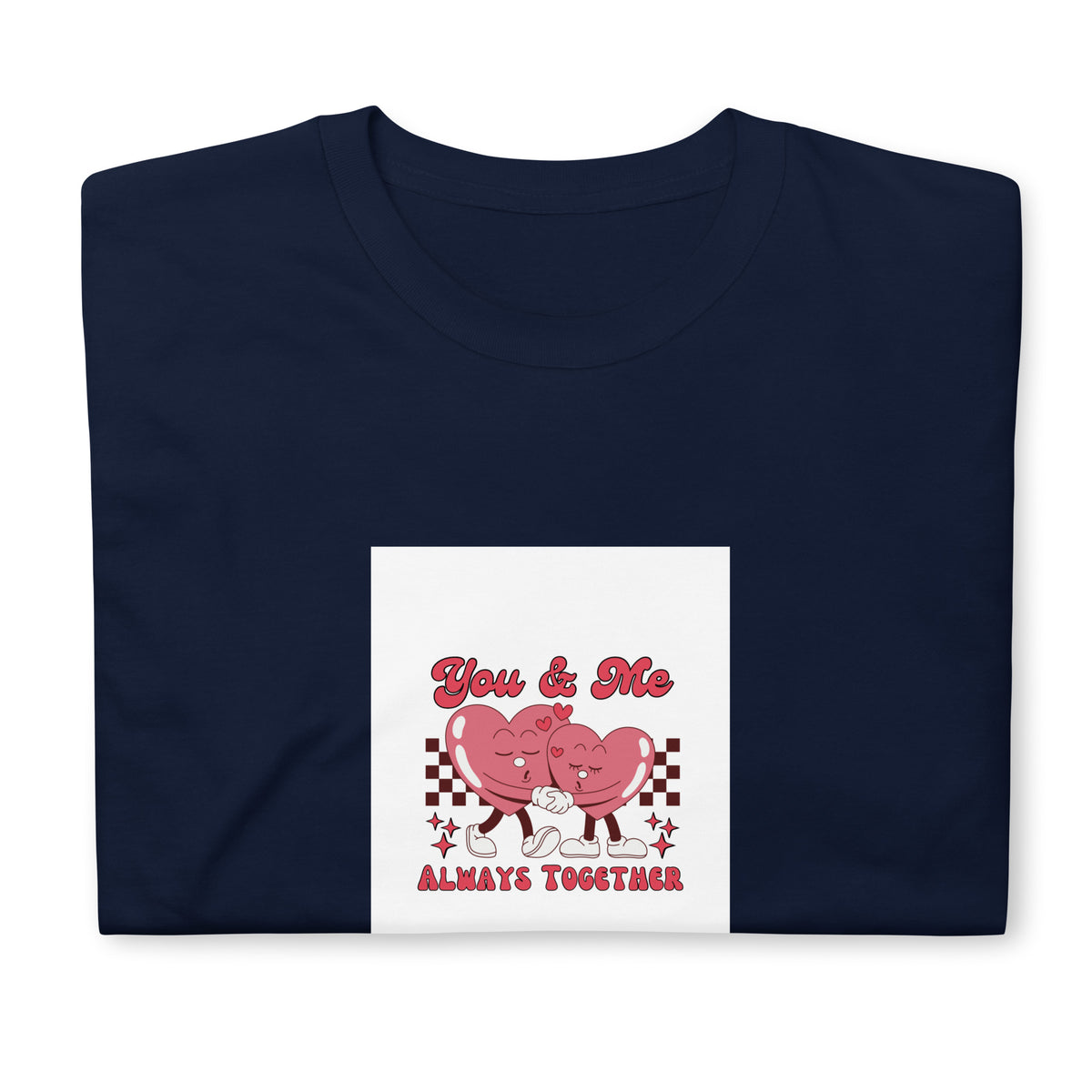 Navy graphic tee with “You & Me” pink couple and “Always Together” text