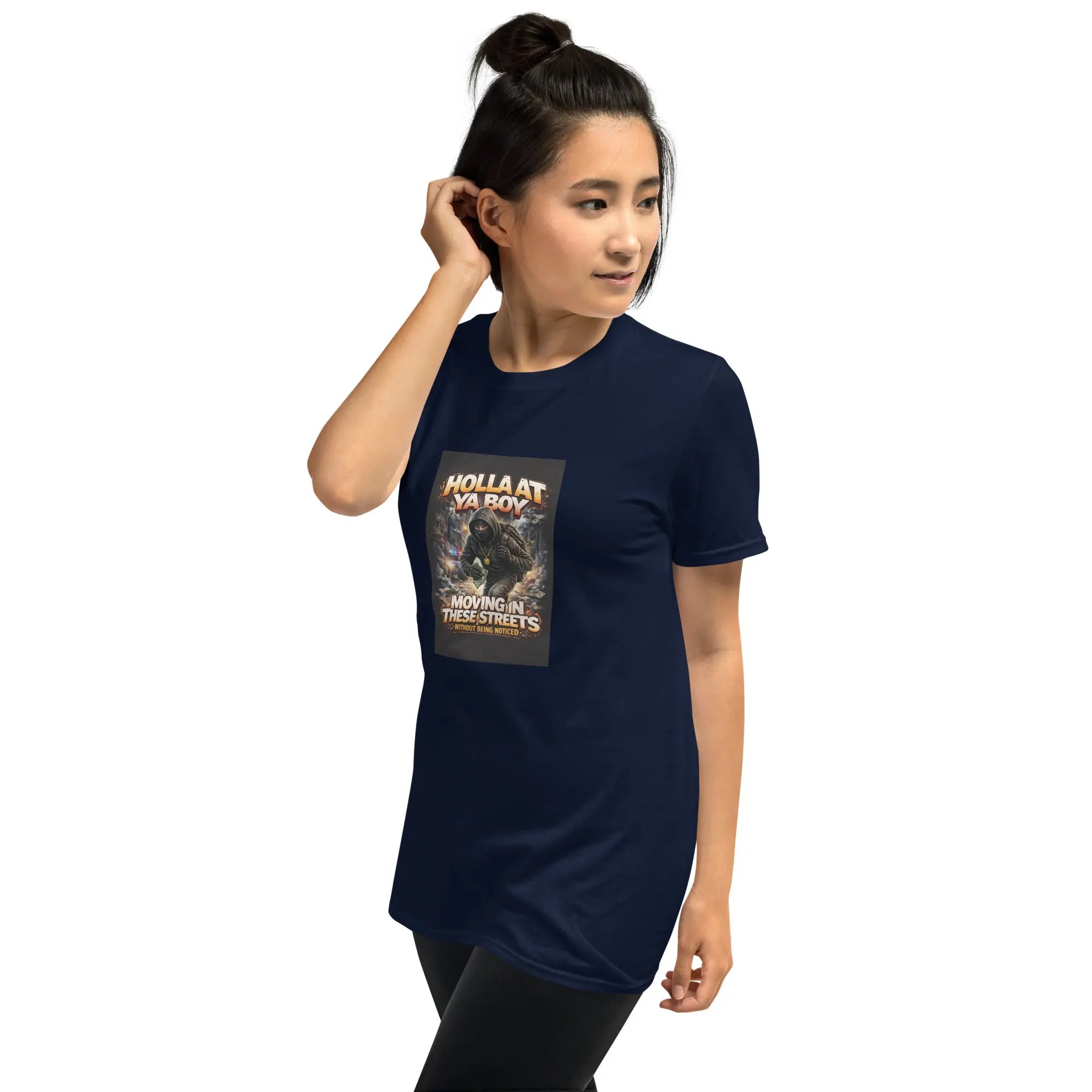 Navy unisex T-shirt with front cat graphic and crew neck
