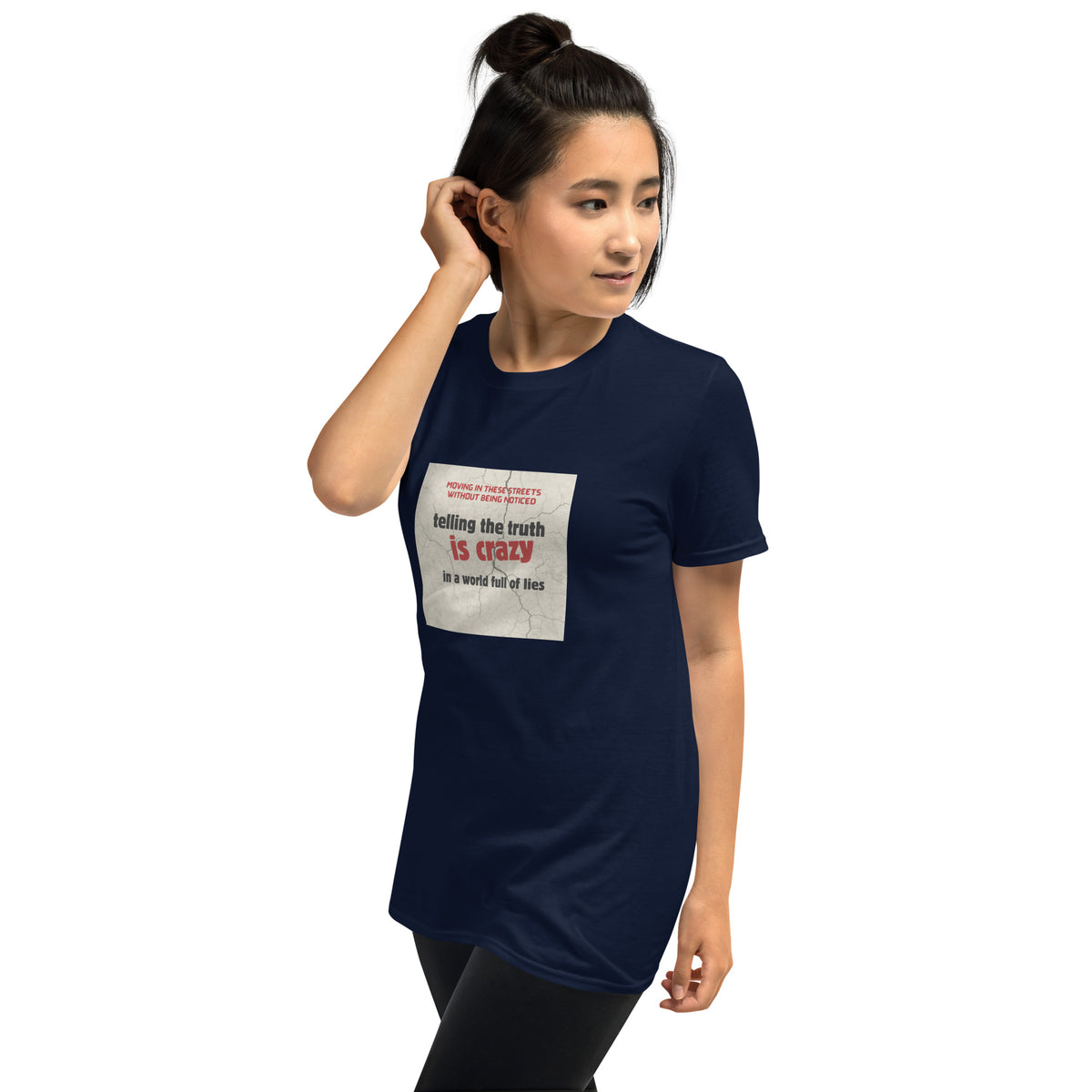 Navy unisex crew-neck t-shirt with front square slogan graphic, short sleeves