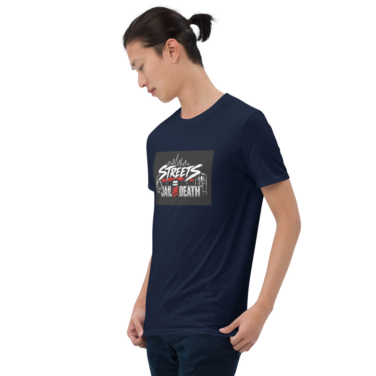 MIS Apparel unisex graphic T-shirt, navy blue, front logo print close view
