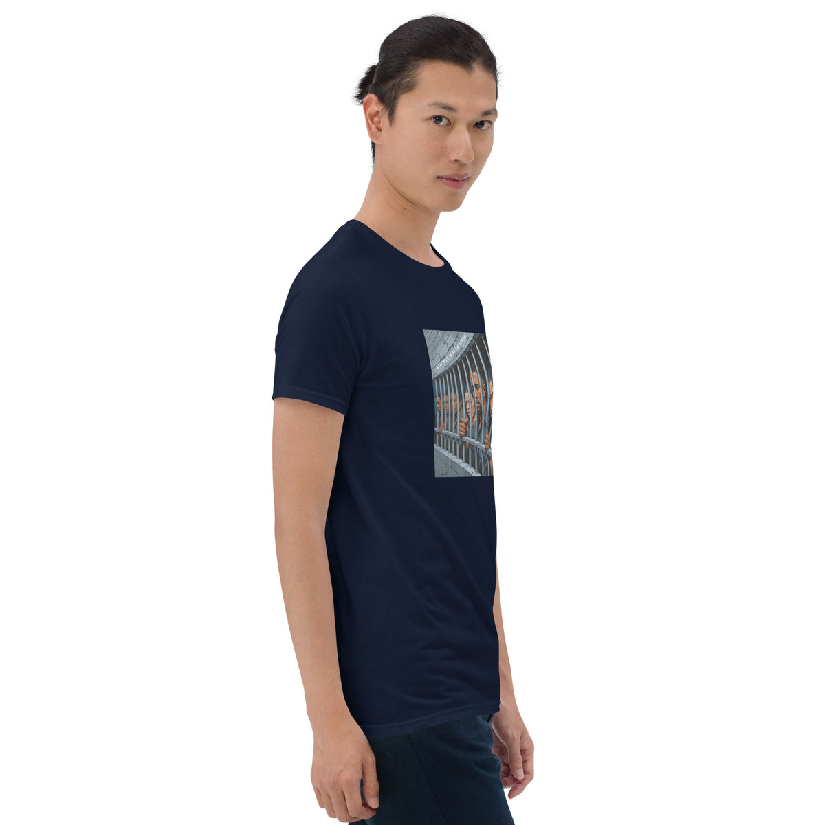 Navy graphic tee with framed photo of people behind bars on chest, front view