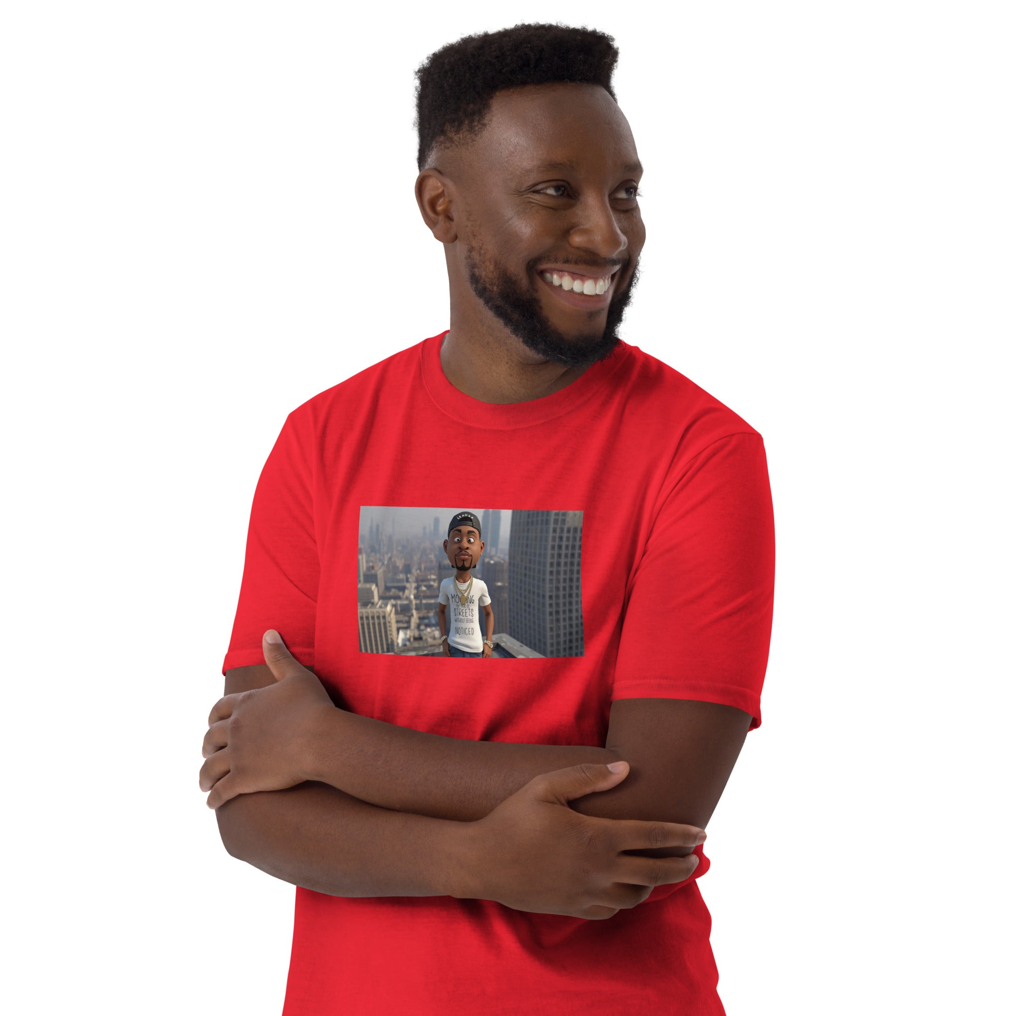 Unisex short-sleeve T-shirt (red) with front photo graphic, side view