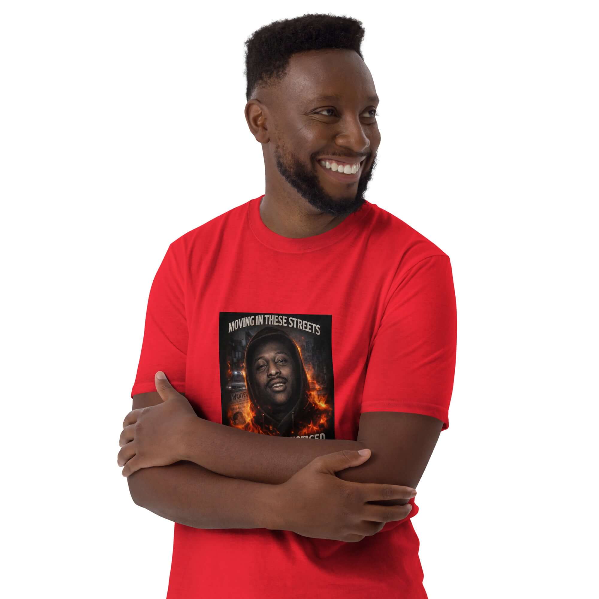 Red unisex T-shirt with front graphic print, arms crossed pose