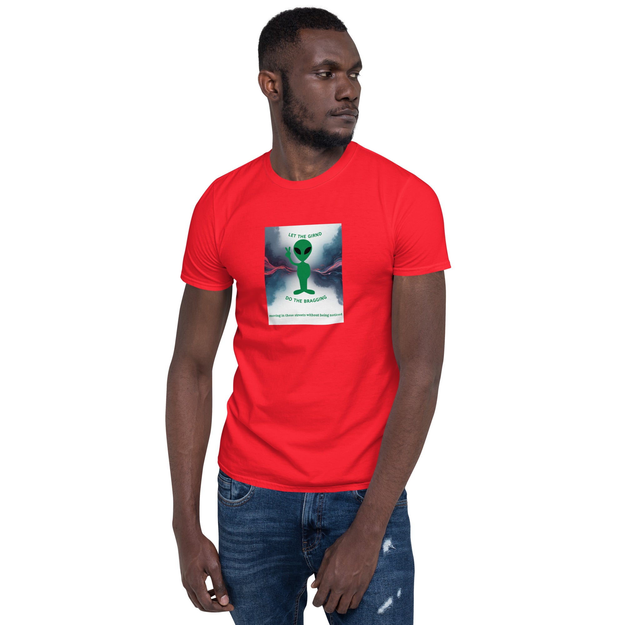 Red unisex T-shirt with front graphic print, crew neck