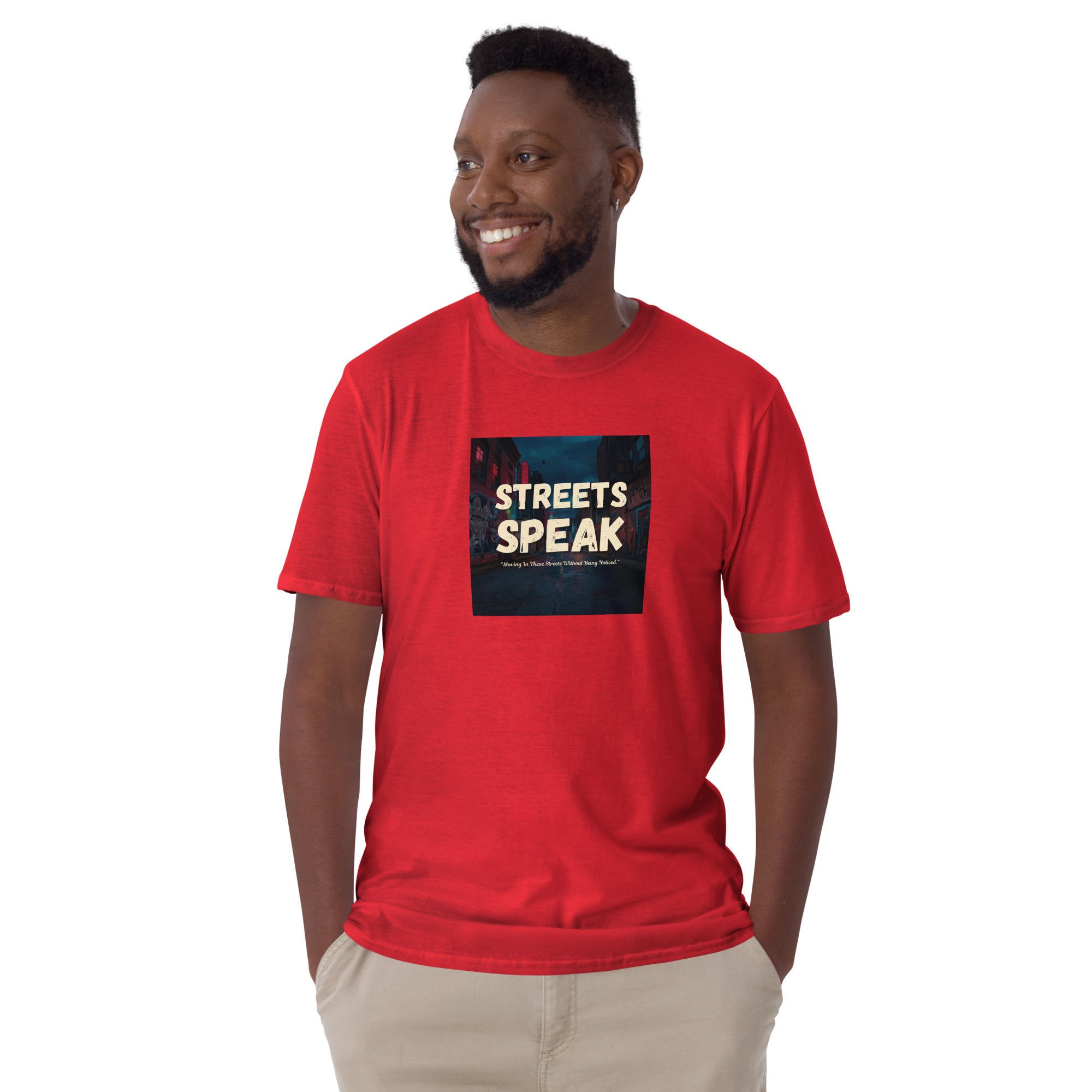Red unisex short-sleeve T-shirt with “STREETS SPEAK” square front print