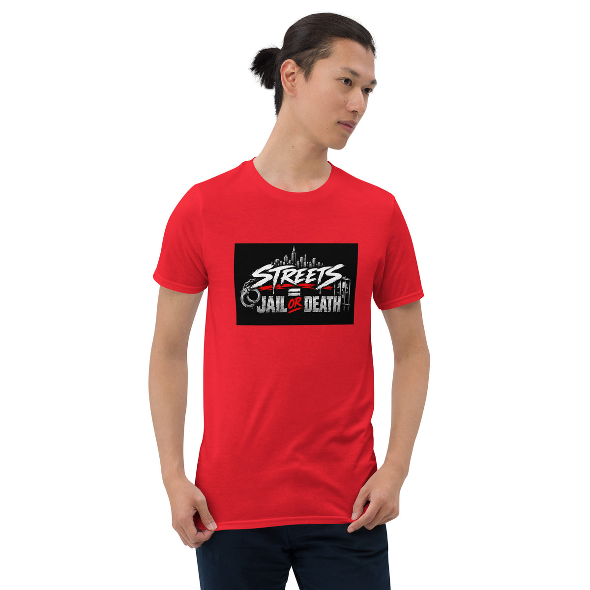 Red unisex graphic T-shirt with front “Streets Jal or Death” square logo.