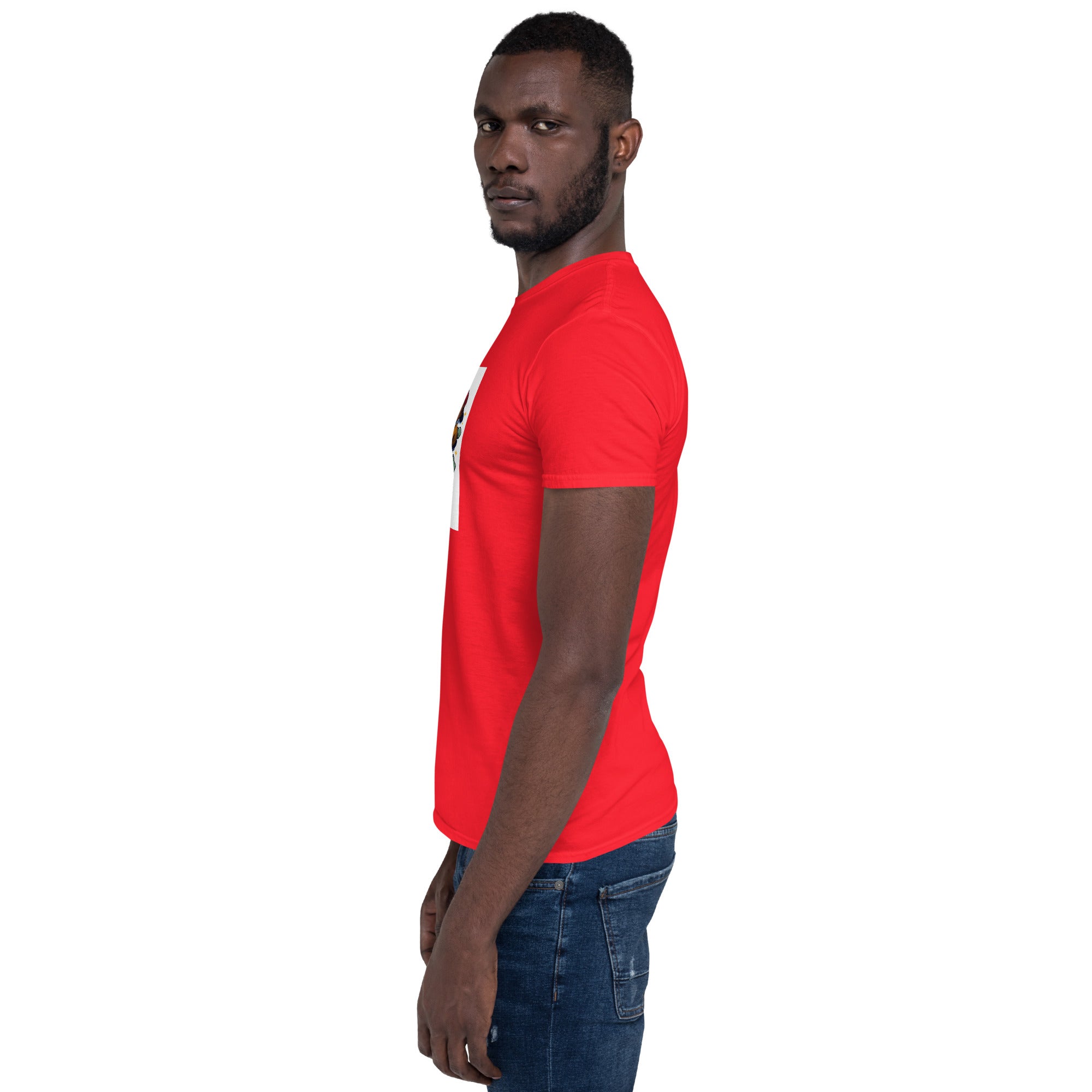 Unisex T-Shirt l Red, kurzärmelig; Seitenansicht mit teilweiser Frontgrafik