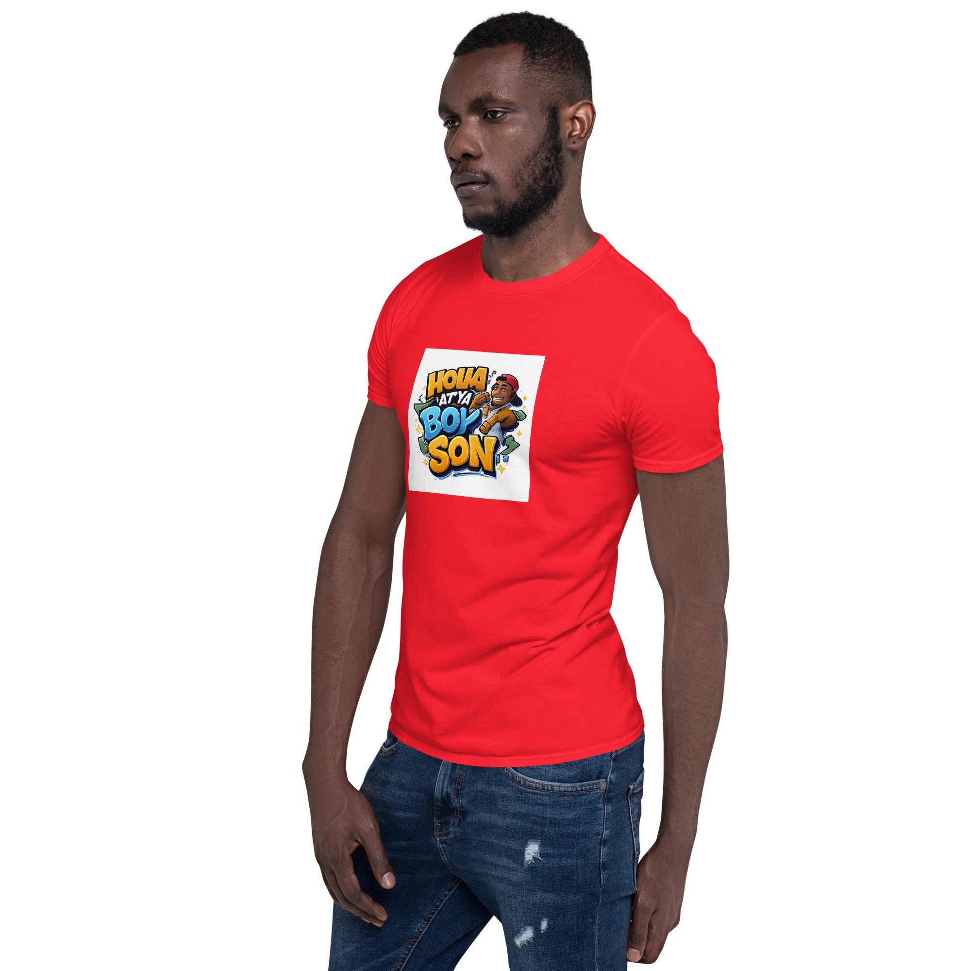 Unisex T-Shirt l Red, kurzärmelig; Frontgrafik sichtbar, seitliche Ansicht