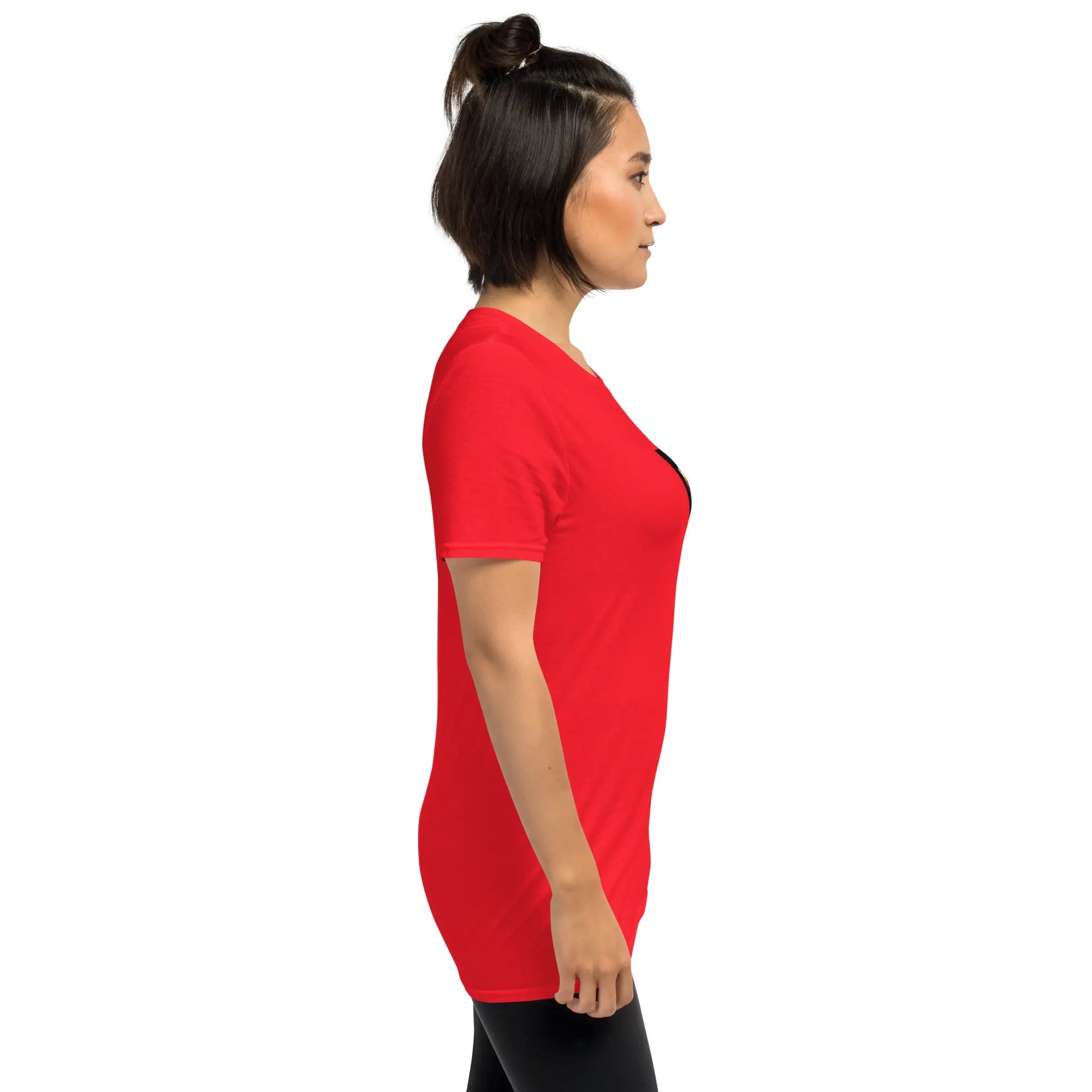 Unisex T-shirt in red, side profile view, crew neck, short sleeves