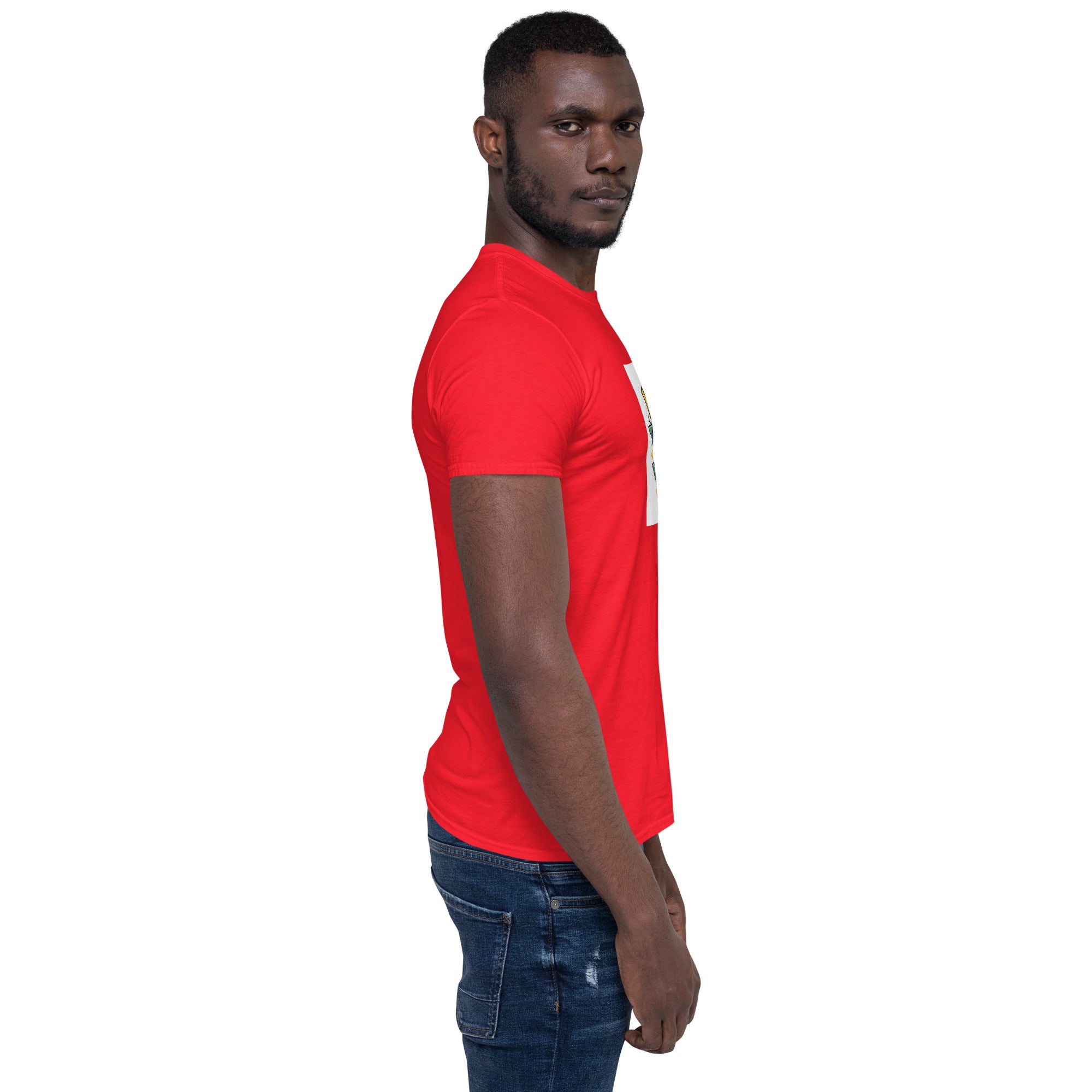 Unisex T-Shirt l Red, kurzärmelig; Seitenansicht, Ärmelnaht und Saum sichtbar